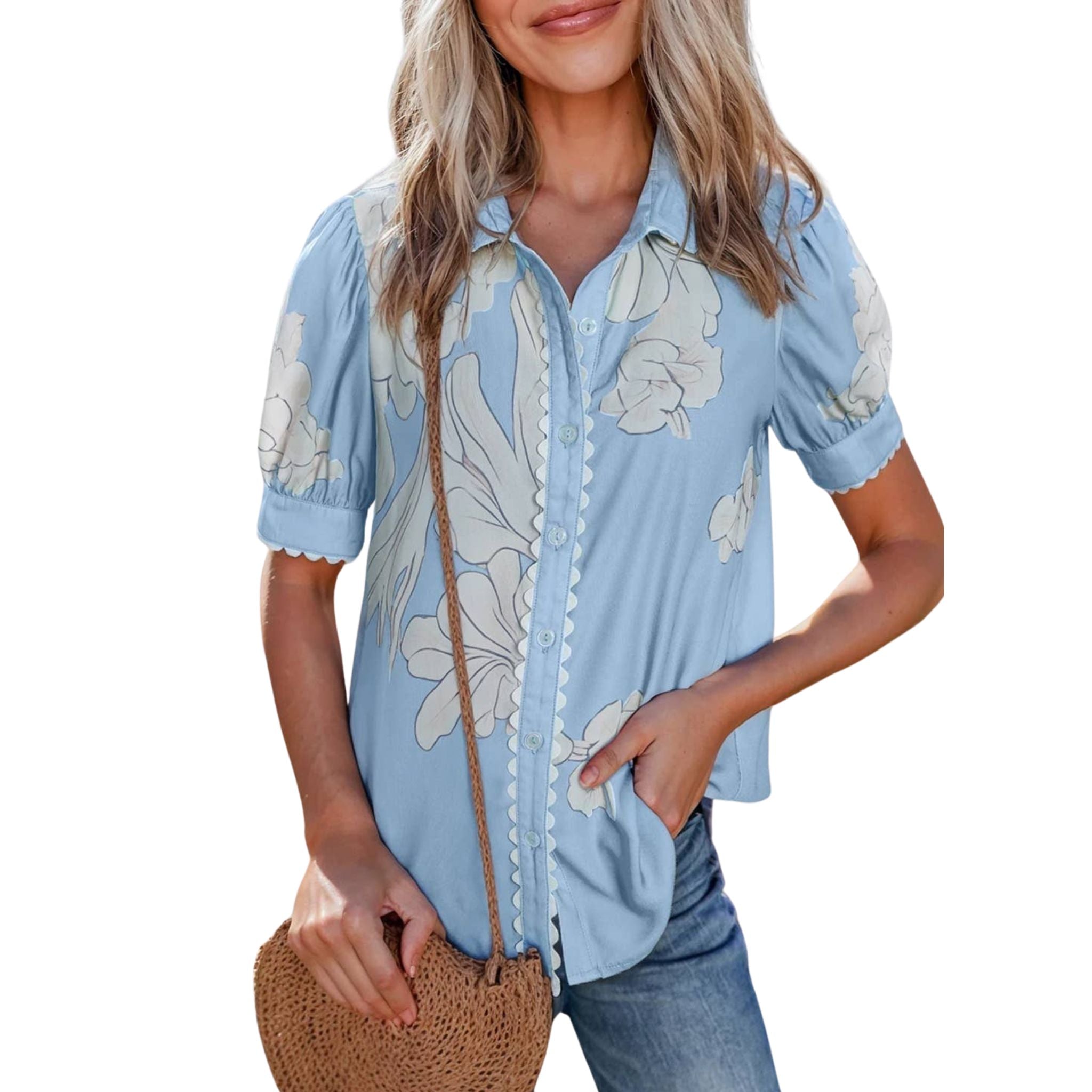 Floral Ric Rac Trim Puff Sleeve Button Up Blouse - Vintage Inspired Women's Top for Casual Wear & Spring Outfits