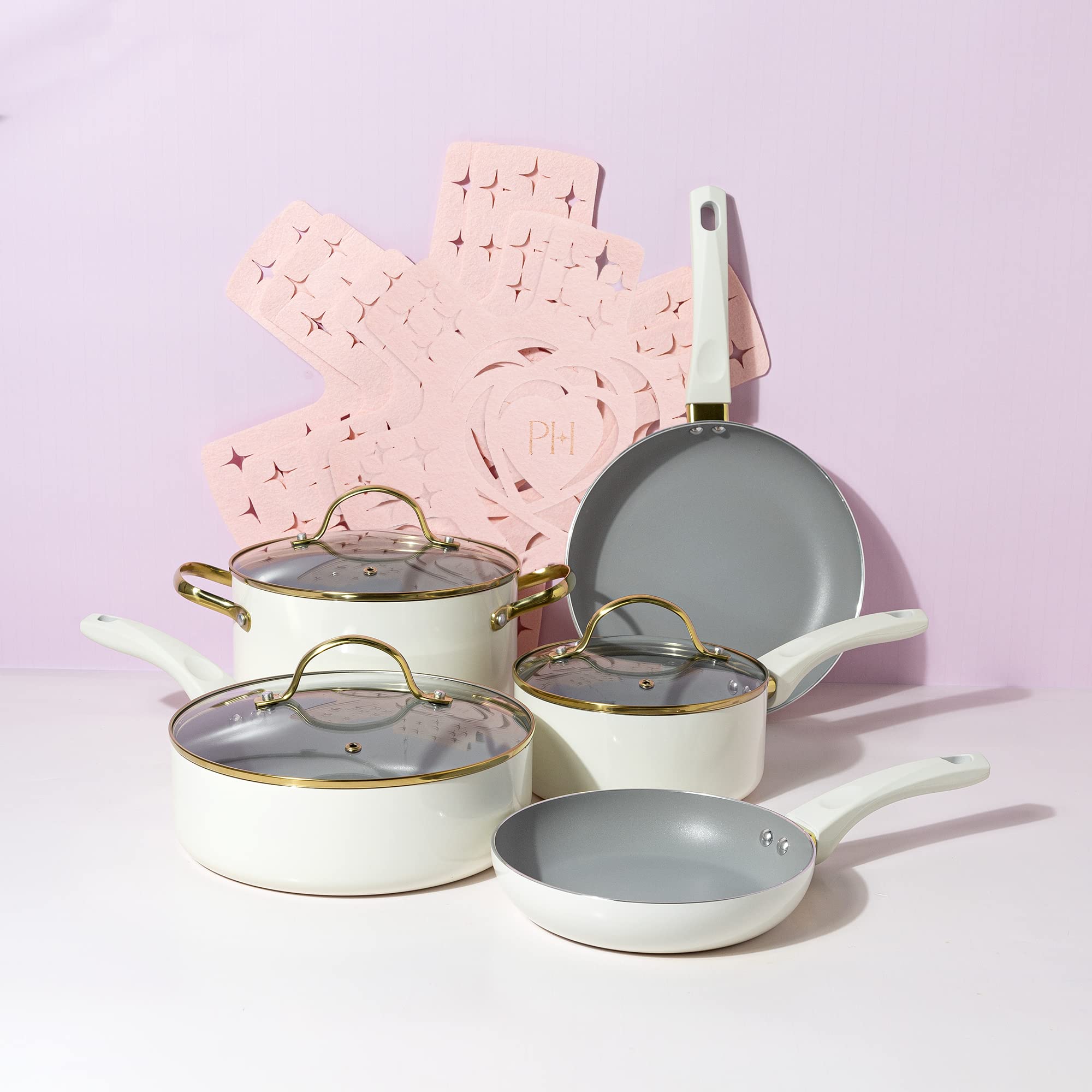 Paris Hilton Epic 12-Piece Nonstick Cookware Set - PFOA-Free Multi-Layer Coating, Tempered Glass Lids & Stay-Cool Handles - Dishwasher Safe Cream Pots & Pans for Everyday Cooking & Family Meals