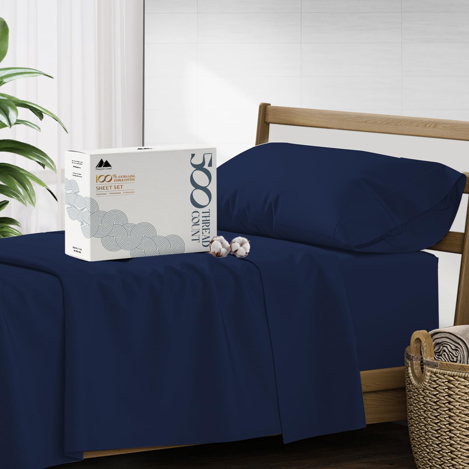 Mayfair Linen 500 Thread Count Twin XL Cotton Sheets - 3 Piece Bed Sheet Set, Ultra Soft & Cooling Sateen Weave, Navy Blue, Hotel Quality with 16