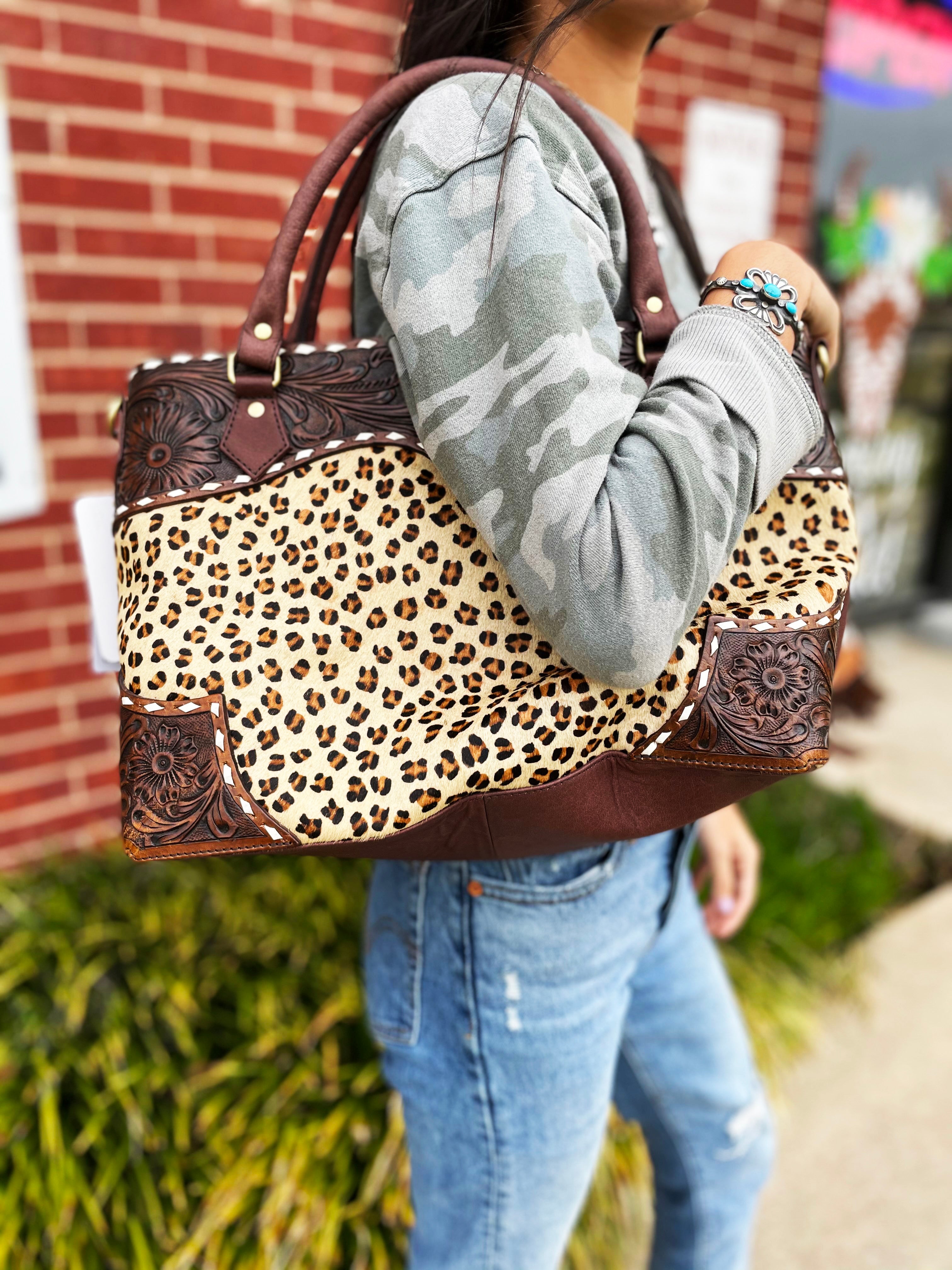 American Darling Genuine Leather Leopard Print Large Tote Bag for Women - Perfect for Work, Travel, and Everyday Use