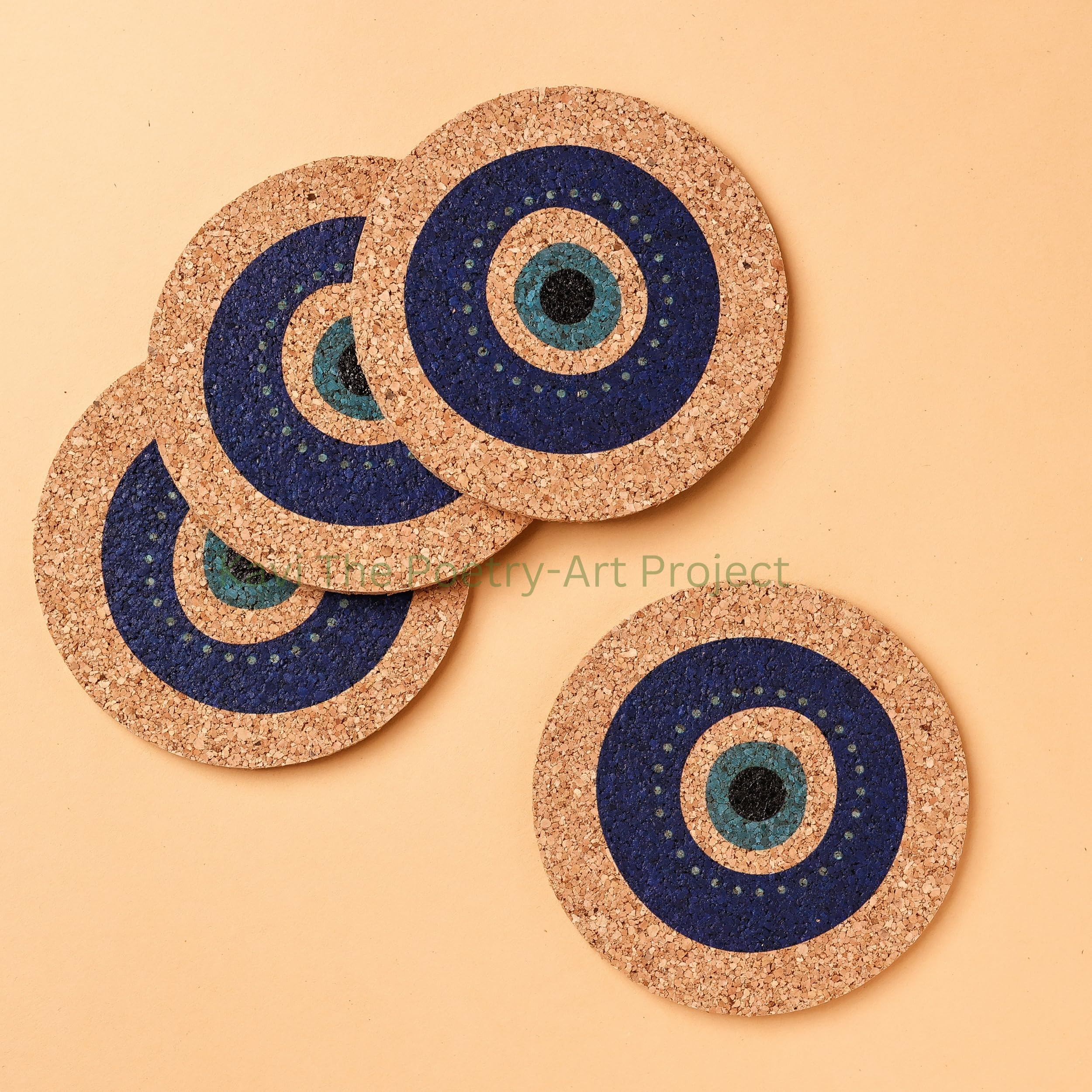 Evil Eye Cork Coasters Set of 4 - 5mm Thick Round Drink Coasters (4