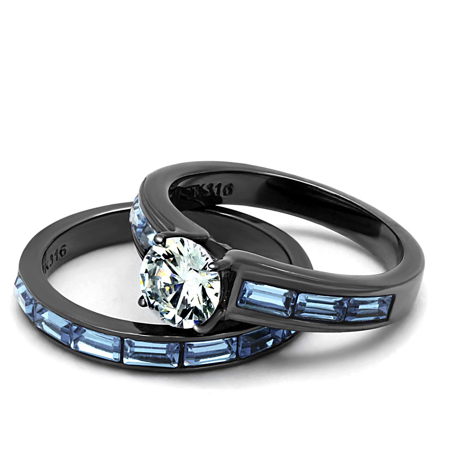 Romantic Blue Wedding Ring Set for Couples - 3 Piece Stainless Steel CZ Engagement Rings for Him and Her - Perfect for Anniversaries, Proposals & Romantic Occasions