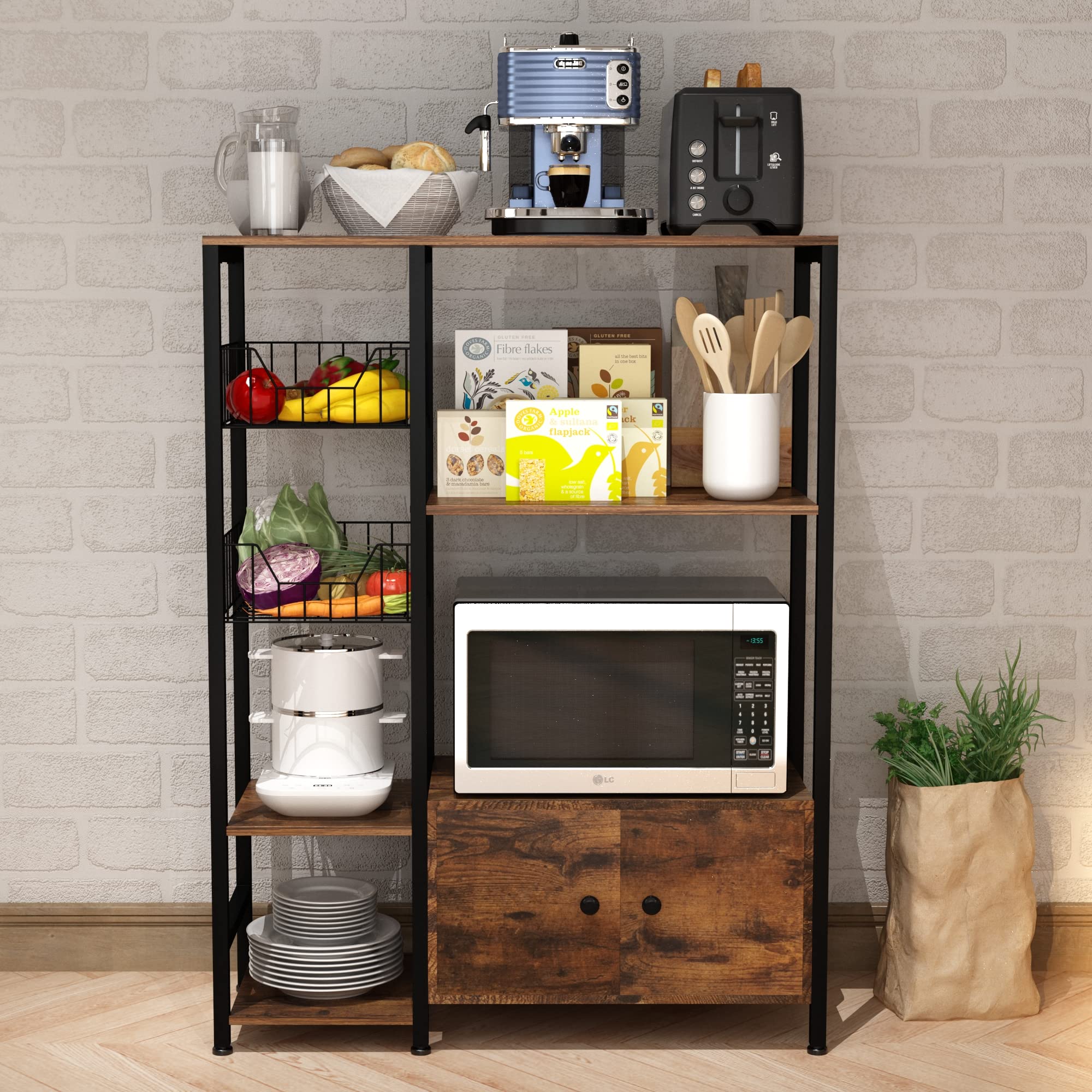 5-Tier Kitchen Bakers Rack - Heavy Duty Microwave Stand with Storage Shelves & Hutch Cabinet - Free Standing Kitchen Organizer for Spices, Cookbooks & Small Appliances - Perfect for Small Kitchens, Apartments & Pantry Organization