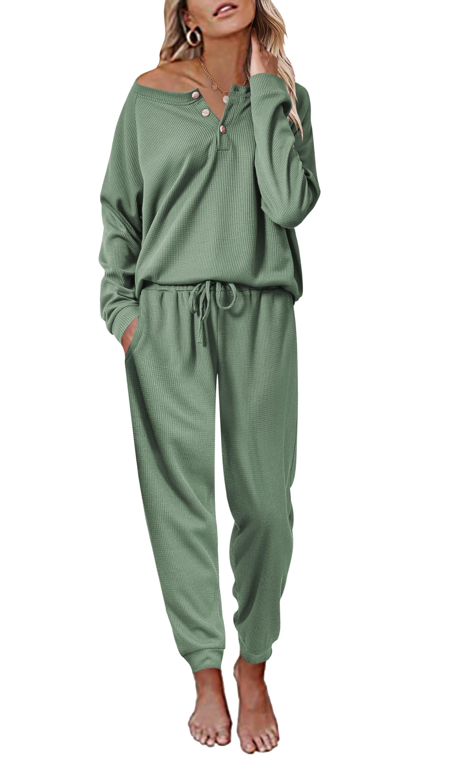 Ekouaer Women's Waffle Knit Pajama Set - Long Sleeve Top & Pants Soft Sleepwear Loungewear (Sizes S-XXL) | Cozy Winter Sleepwear for Women, Perfect for Home Relaxation & Lounging