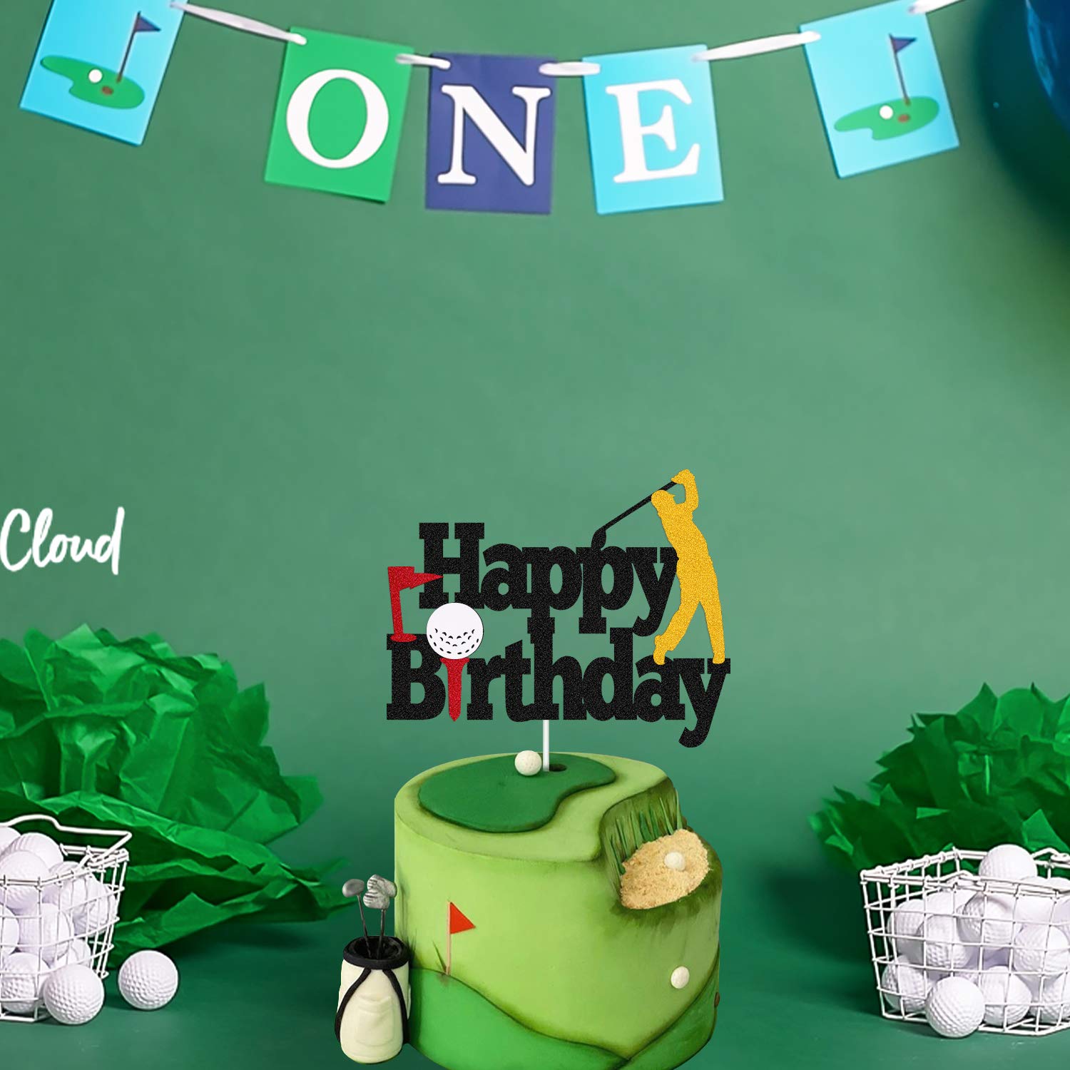 Golf Cake Topper - Happy Birthday Sign with Golf Ball Player Design for Sports Theme Parties | Double Sided Black Sparkle Decor for Men, Women & Kids Birthday Cakes | Perfect for Golf Lover's Birthday Celebration, Retirement Party & Sports Themed Events