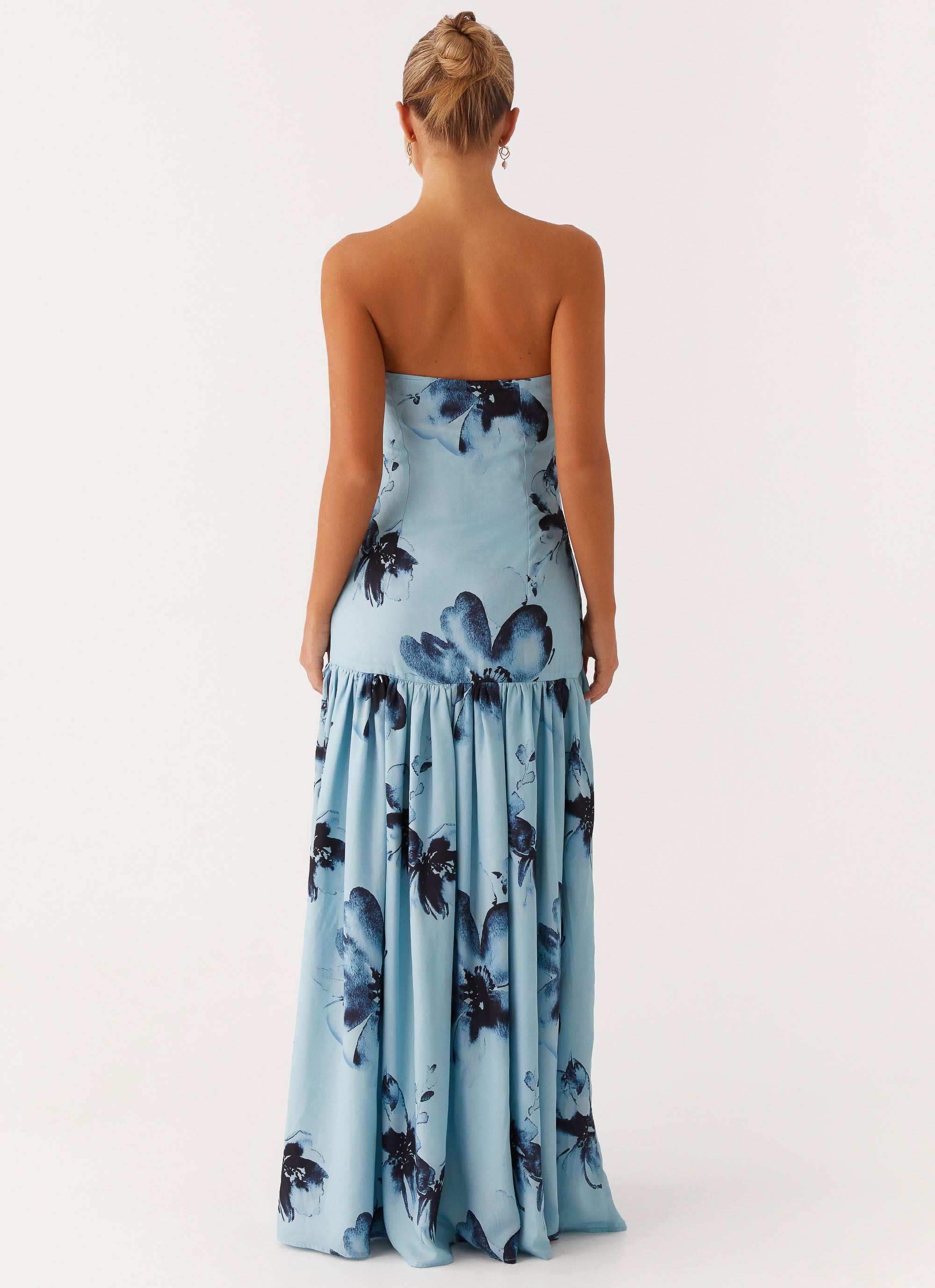 Eden Strapless Maxi Dress - Blue Black Floral Print Summer Beach Wedding Party Dress for Women | Perfect for Vacations, Date Nights & Special Occasions