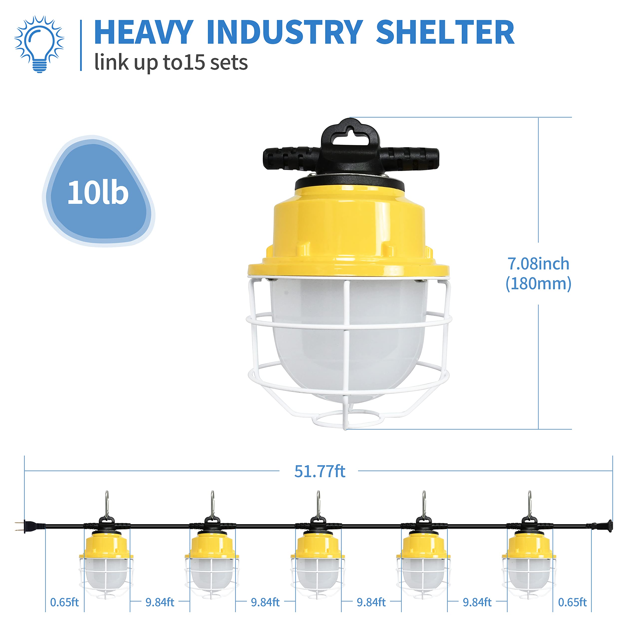 80W 50FT Construction String Lights - 10000LM Ultra Bright Outdoor Work Lights with Steel Guard, IP65 Weatherproof & ETL Certified - Perfect for Jobsite, Backyard, Patio, and Event Lighting