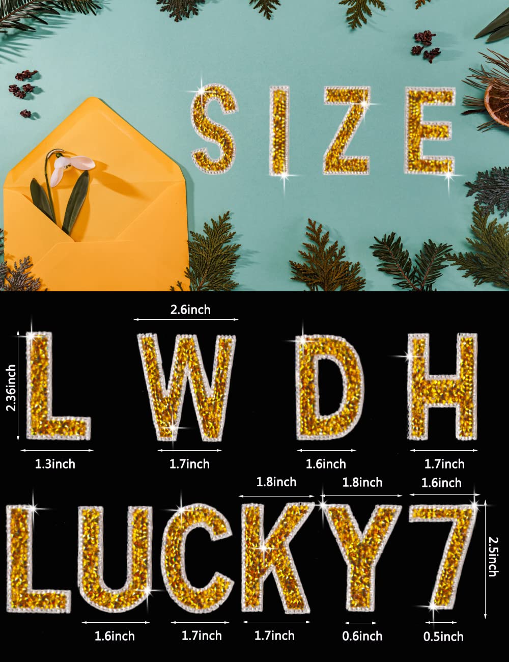 47Pcs Large Rhinestone Letter Stickers - 26 Self-Adhesive Alphabet Stickers, 10 Crystal Number Stickers & Heart Stickers for DIY Clothing, Jeans, Hats, Bags - Gold Glitter Decoration for Parties, Crafts & Fashion Accessories