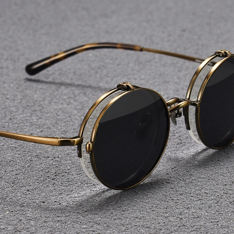 Unisex Black Titanium Semi-Rim Round Flip-Up Polarized Sunglasses K54 - Stylish & Durable for Driving, Outdoor Sports & Fashion
