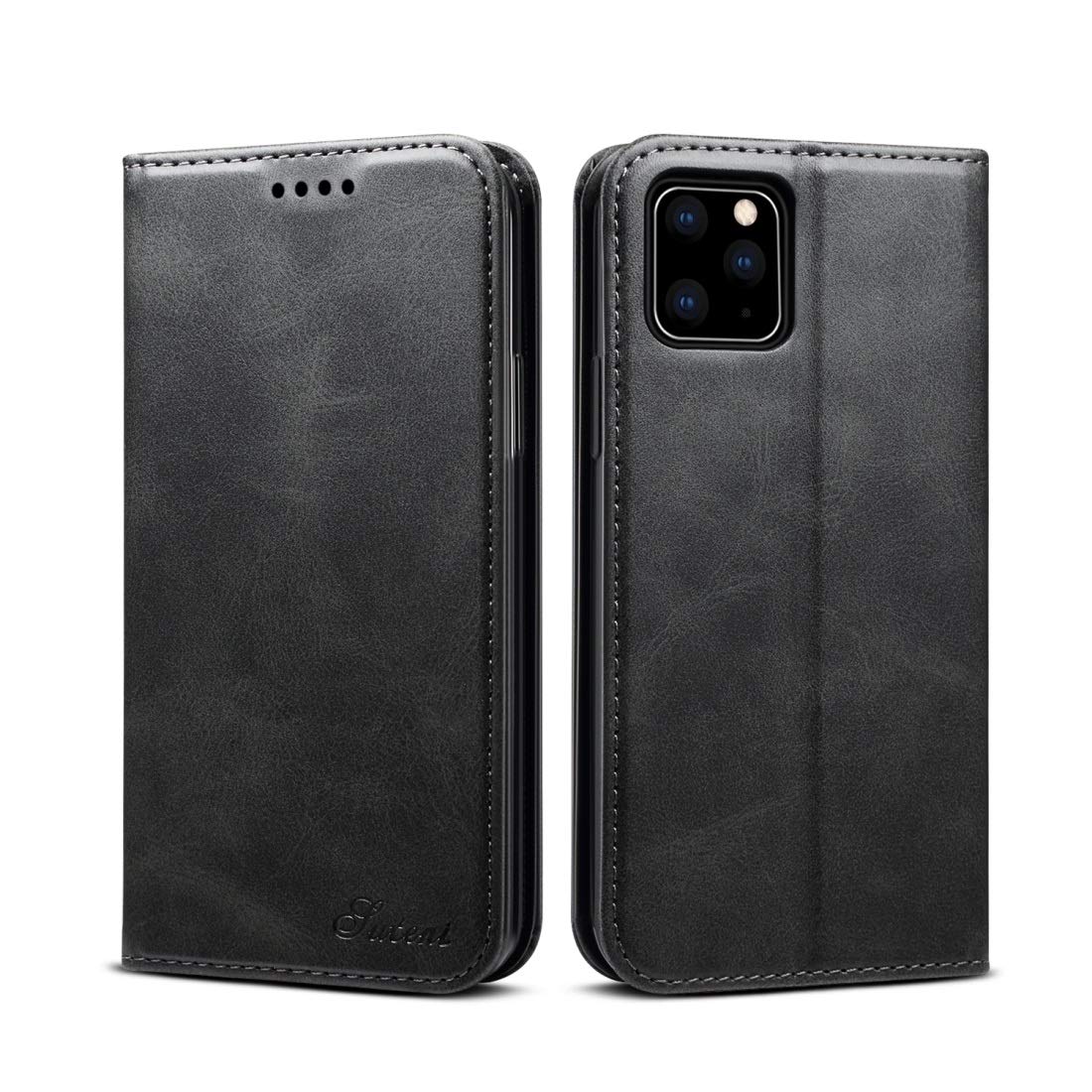Premium LUNCA Suteni Calf Texture Leather Wallet Case for iPhone 11 Pro - Horizontal Flip Design with Card Slots & Holder (Black) | Perfect for Business, Travel & Everyday Use