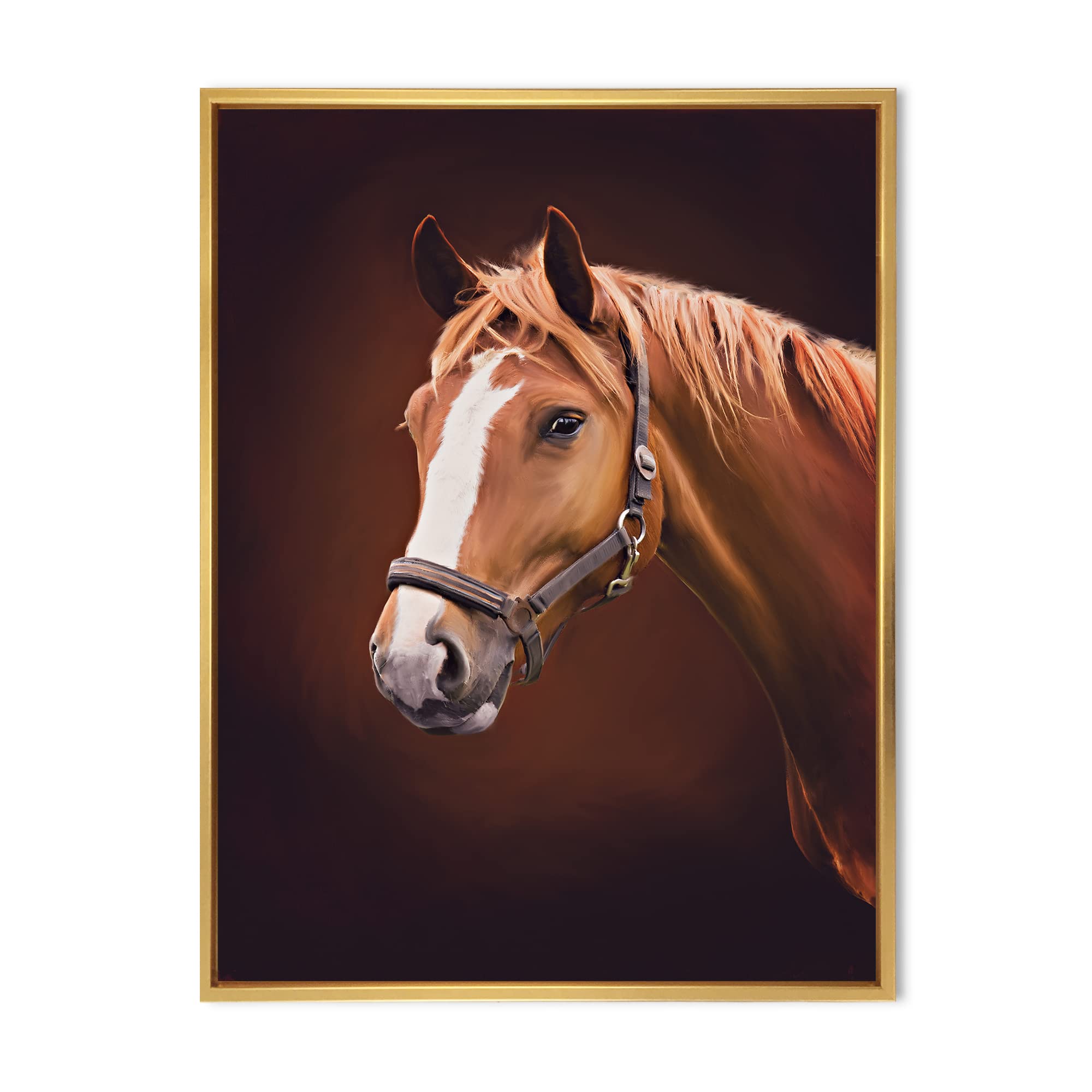 Brown Horse with White Nose Portrait II - Farmhouse Framed Canvas Wall Art Print for Living Room, Bedroom & Office Decor