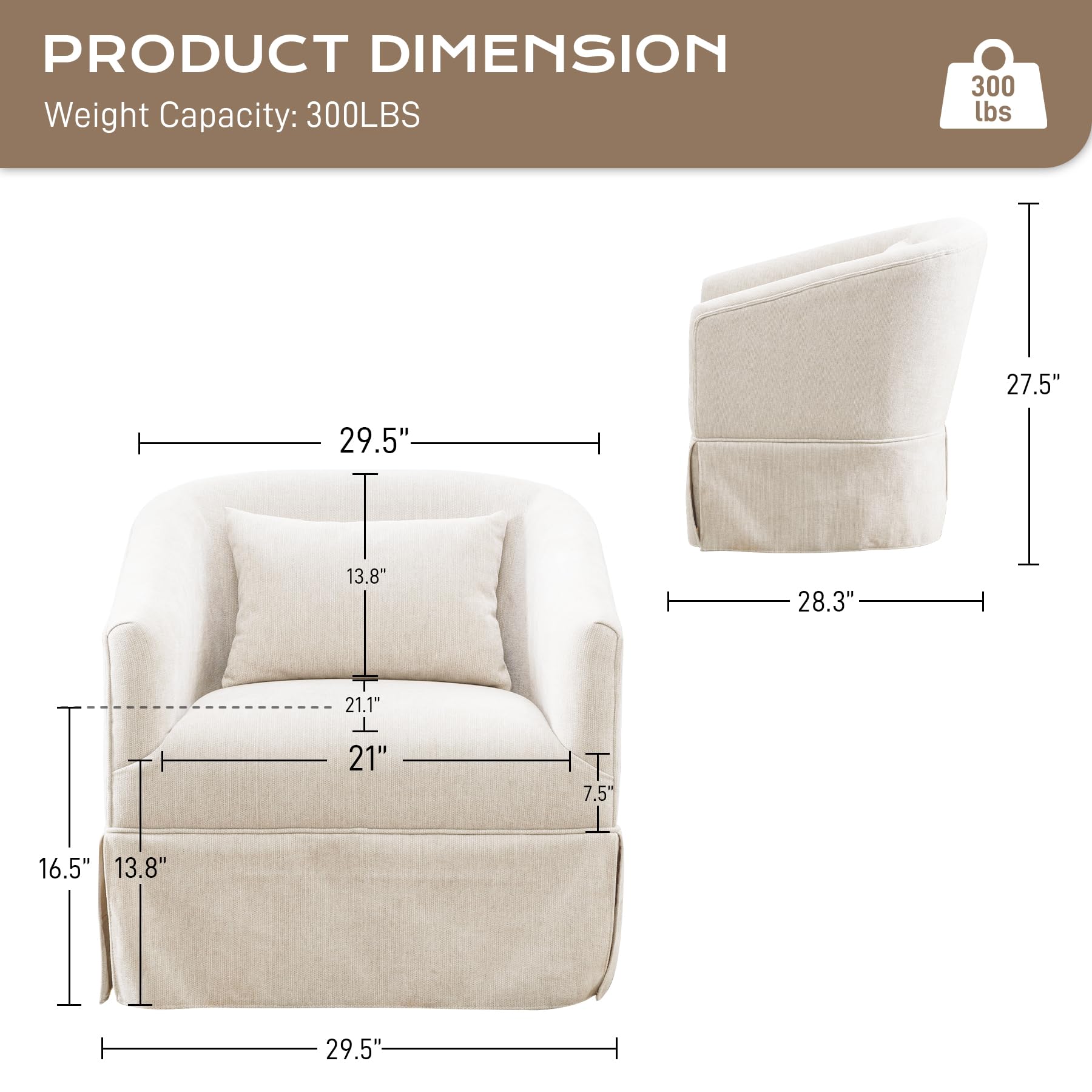 360° Swivel Accent Chair - Modern Chenille Upholstered Barrel Chair with Padded Cushion & Skirt, Cream White Small Reading Armchair for Living Room, Nursery, Bedroom & Lounge - Perfect for Relaxing, Reading or Adding Stylish Seating to Any Space