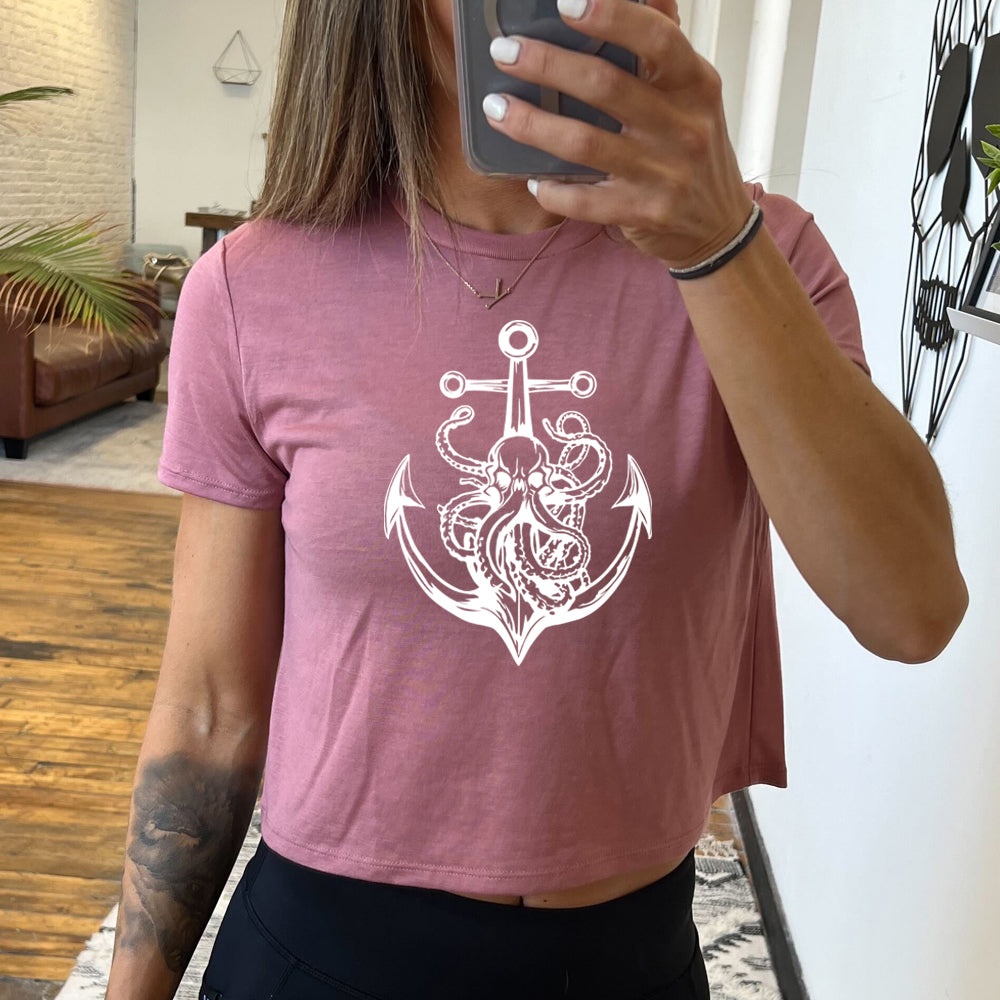 Octopus Anchor Cropped Tee - Trendy Graphic Short Sleeve T-Shirt for Women | Summer Casual Outfit, Beach Vacation Style, Streetwear Fashion