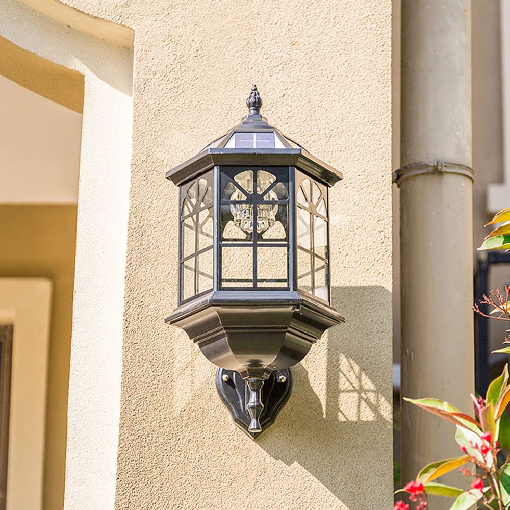 Solar Powered LED Outdoor Wall Lantern - Waterproof Matte Black Exterior Light Fixture with Clear Glass Shade - Rust-Resistant Wall Sconce for Porch, Patio, Garden & Pathway Lighting