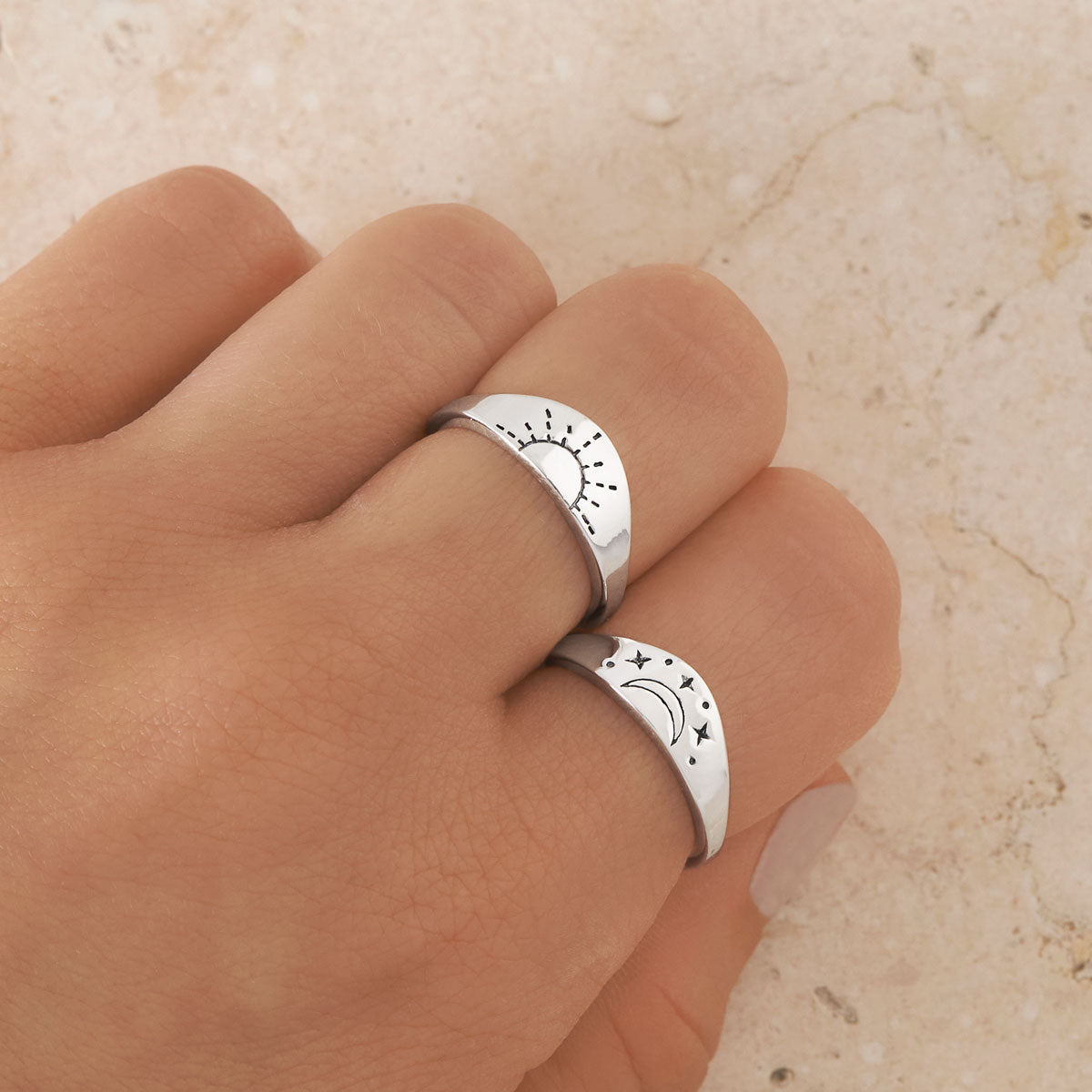 Celestial Duality Curved Ring Set - Elegant Stackable Rings for Women, 925 Sterling Silver Boho Jewelry for Everyday Wear, Gift for Her | Perfect for Layering, Date Nights & Special Occasions
