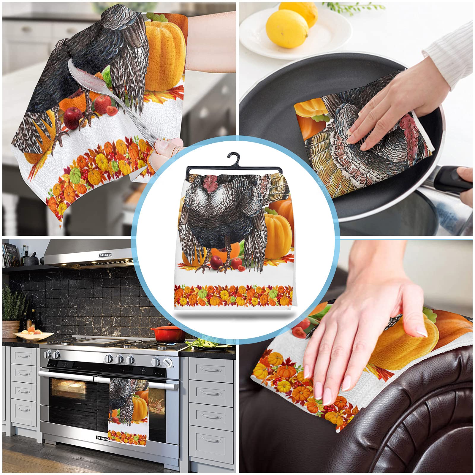 Premium Smile Sunflower Microfiber Kitchen Towels - Super Absorbent & Reusable Dish Cloths (Pack of 2, 18x28 Inch) - Thanksgiving Turkey & Fall Pumpkin Maple Leaves Design - Perfect for Drying Dishes, Cleaning Countertops & Holiday Decor