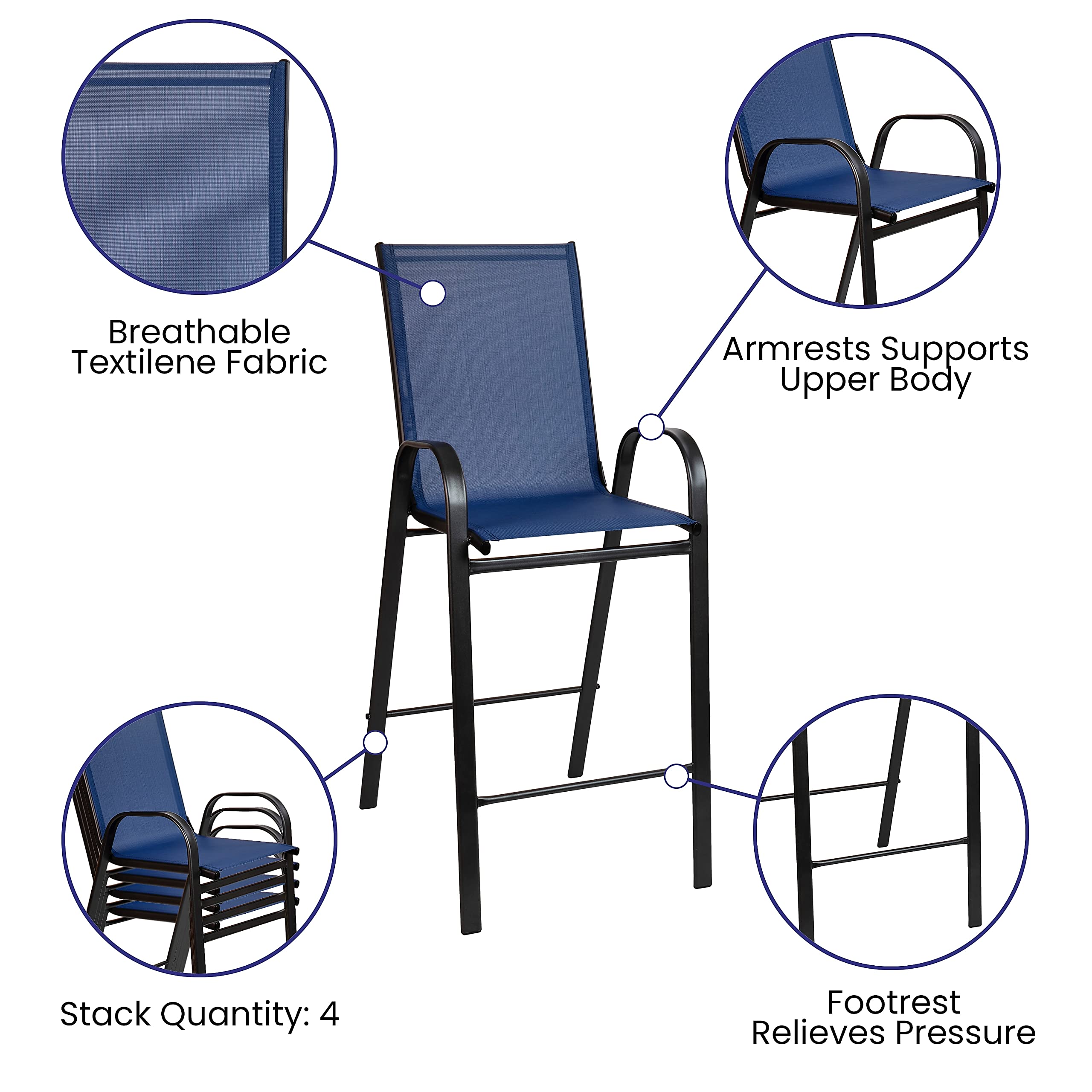 Flash Furniture 2 Pack Brazos Series Navy Blue Outdoor Bar Stools with Flex Comfort Material & Durable Metal Frame - Perfect for Patio, Deck, Poolside & Backyard Entertaining