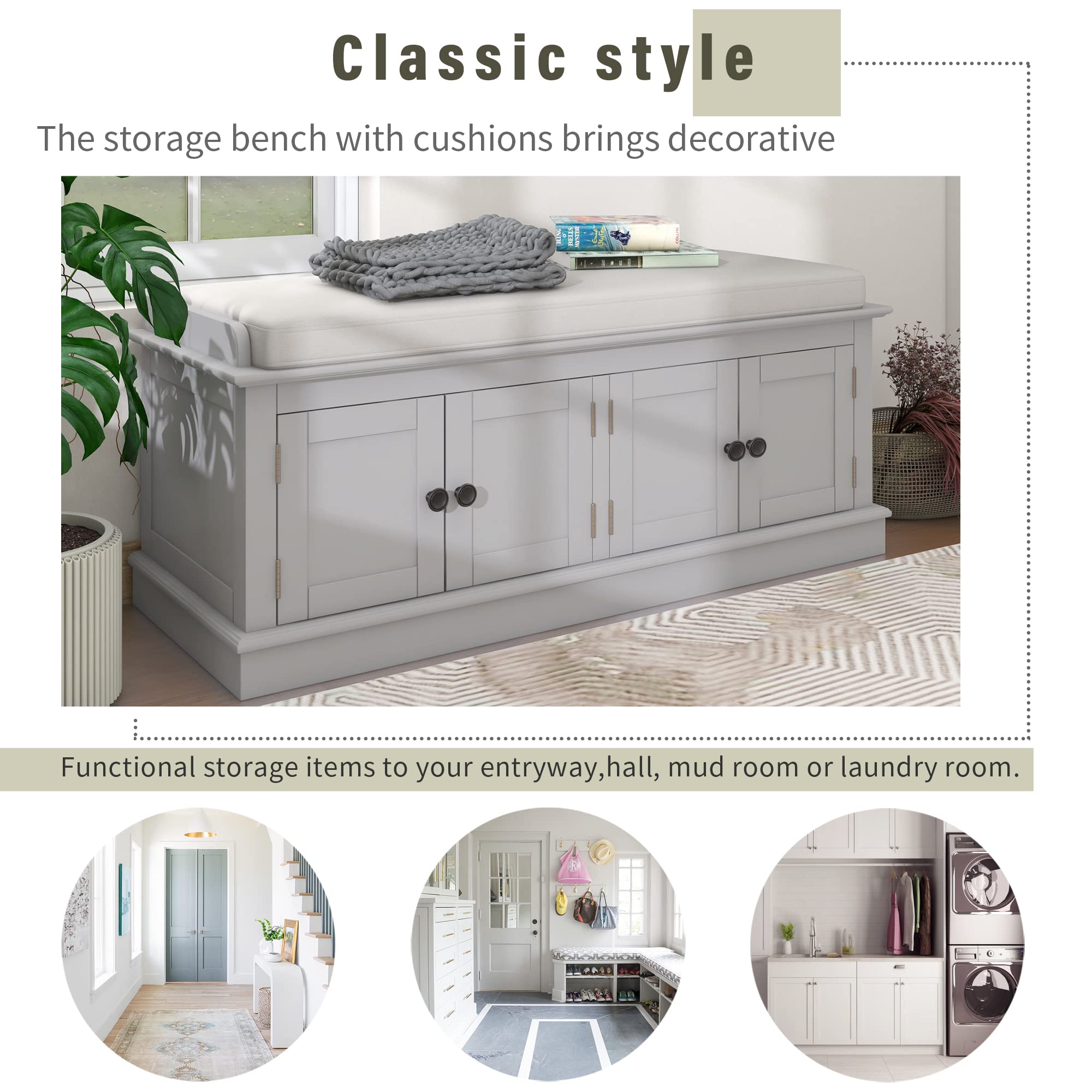 RUNNA Wood Storage Bench with 4 Doors & Adjustable Shelves - Entryway Shoe Bench with Removable Cushion - Hallway Ottoman Cabinet for Living Room, Bedroom, Entryway - Perfect for Organizing Shoes, Blankets & Home Decor (Gray Wash)