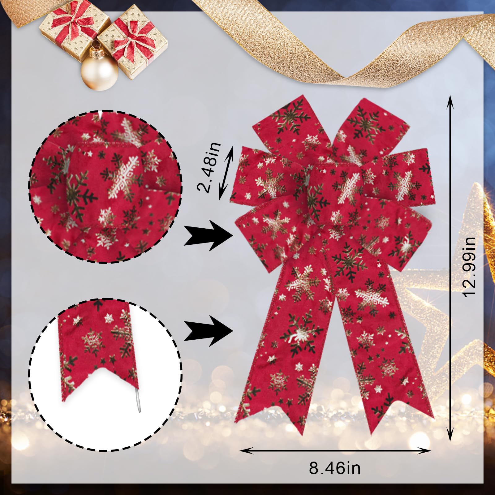 2-Pack Red Velvet Christmas Wreath Bows with Snowflake Design - Festive Holiday Door Decor for Xmas Tree, Winter Wreaths & New Year Home Decoration