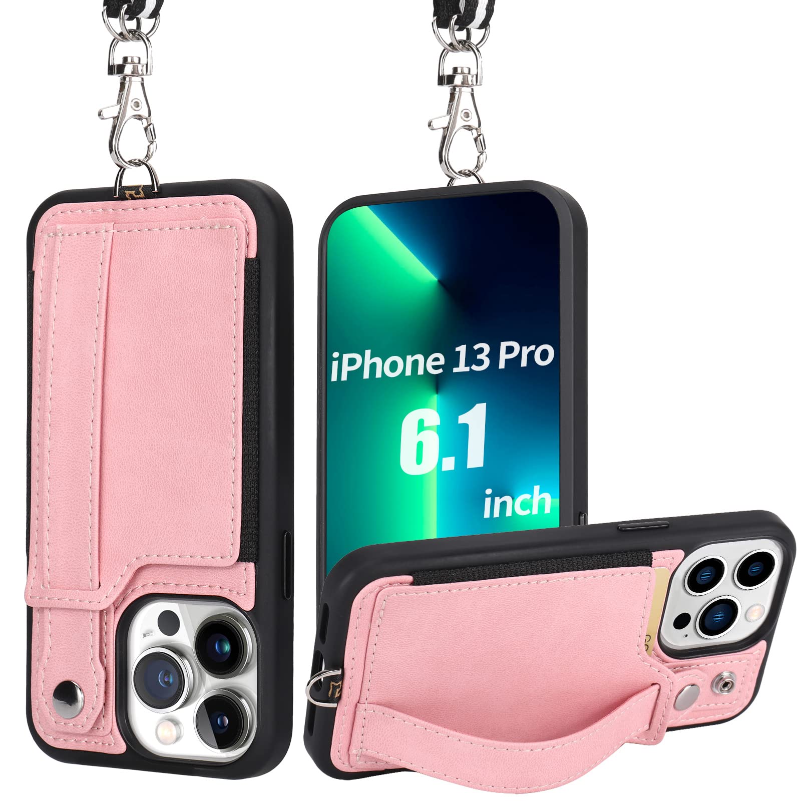 TOOVREN iPhone 13 Pro Wallet Case with Card Holder & Kickstand - Detachable Strap & Lanyard - Protective Back Cover for Apple iPhone 13 Pro 6.1