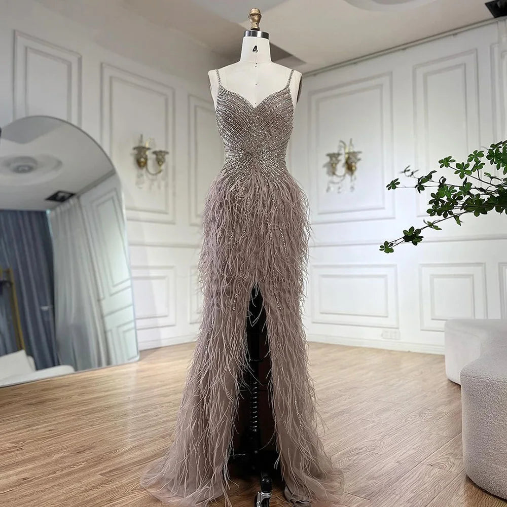 Elegant Arabic Black Feather Beaded Mermaid Evening Gown with High Slit - LA70623 | Formal Dress for Prom, Gala & Special Occasions