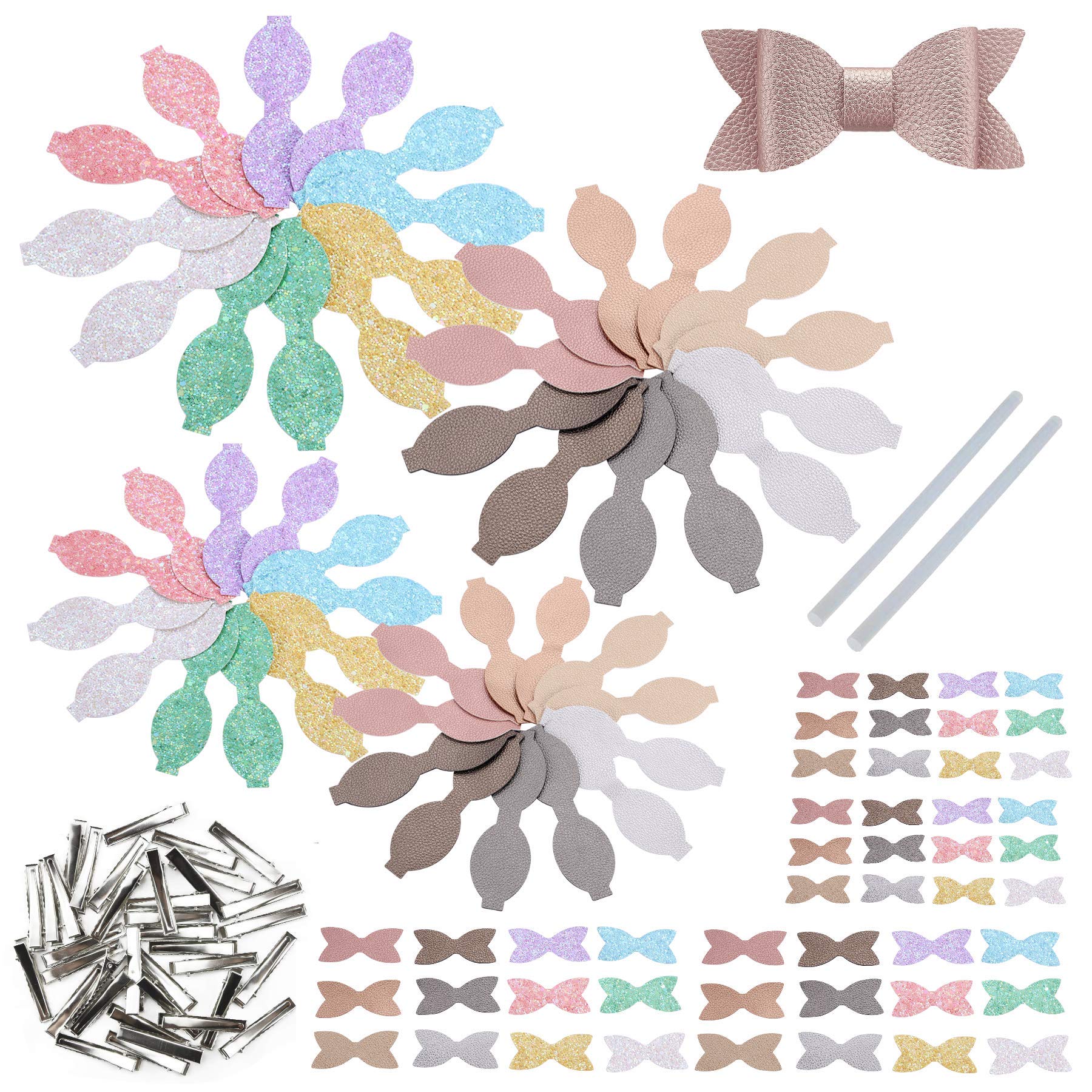 AOUXSEEM DIY Faux Leather Hair Bows Kit - 48 Pre-Cut Pieces with Hair Clips for Girls & Women (Small/Medium Size) - Make Shiny Fashion Hair Accessories for Parties, Weddings & Daily Wear