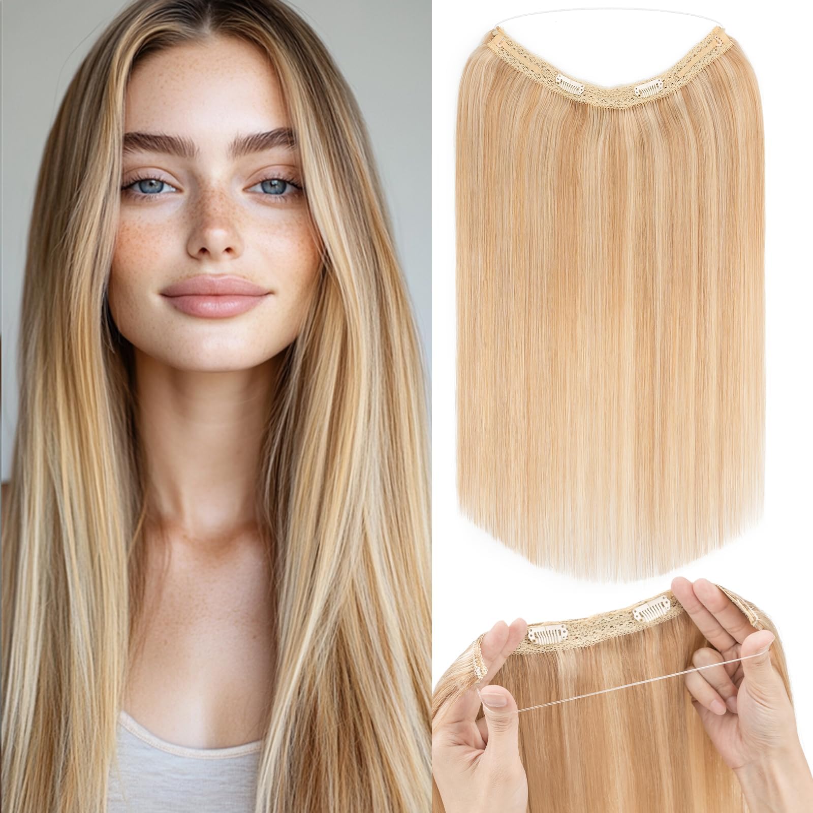 Rich Choices 100% Real Human Hair Halo Extensions - 22 Inch Invisible Wire Remy Hair Extensions for Women (Ash Blonde Highlight Bleach Blonde) | Perfect for Weddings, Parties & Daily Styling