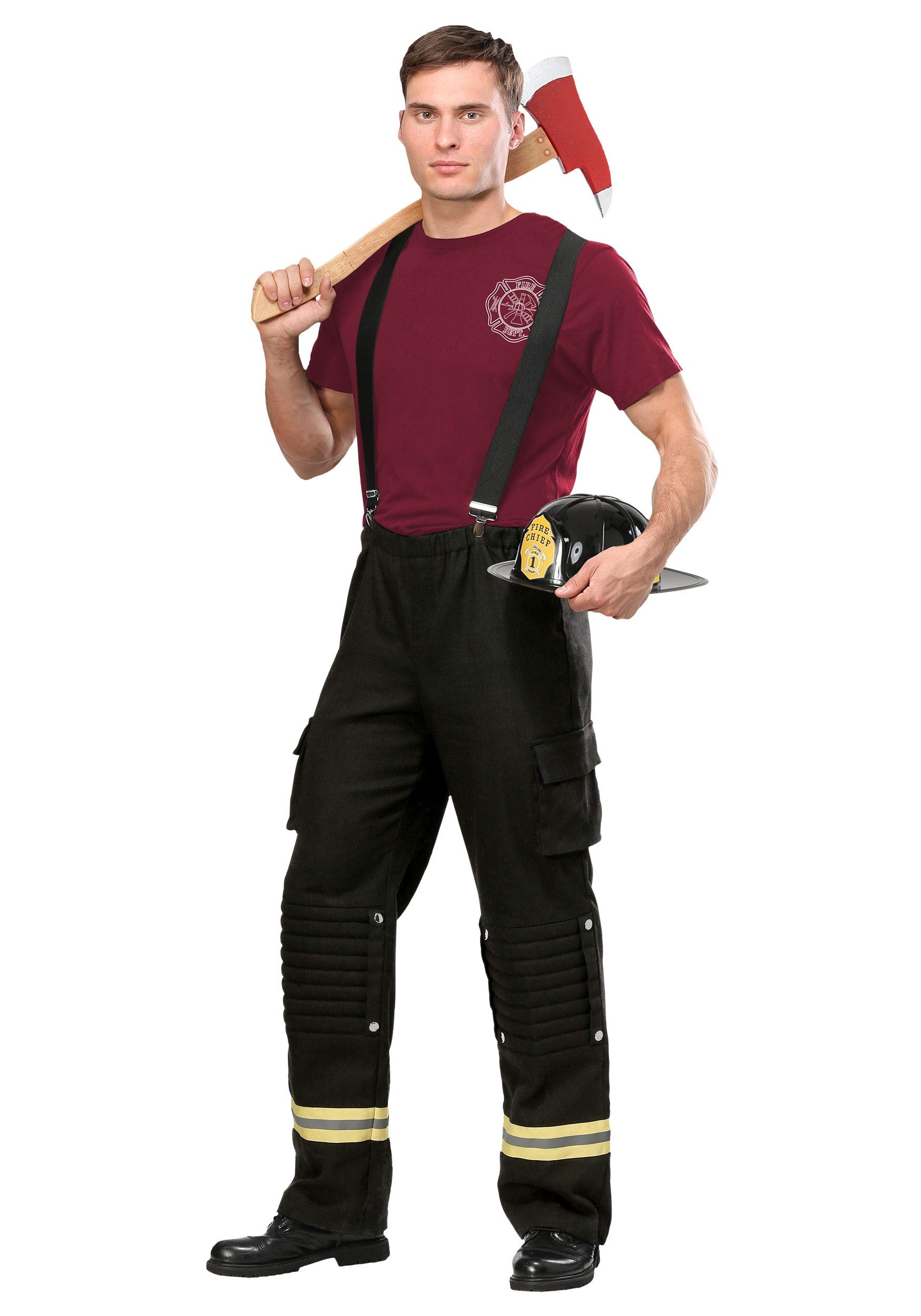 Adult Firefighter Costume with Black Suspenders, Pants, Shirt & Helmet - Fire Captain Uniform for Halloween, Cosplay, Parties & Emergency Drill Events