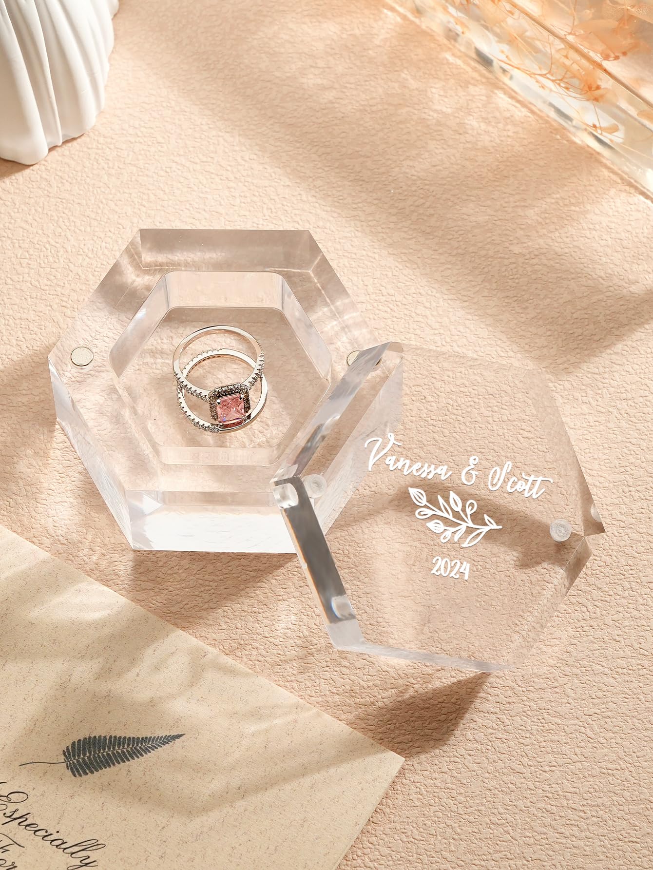 Personalized Clear Hexagon Ring Box with Custom Name & Date - Engraved Wedding Proposal Jewelry Box for Engagement, Anniversary & Special Occasions | Perfect for Ceremonies, Gifts & Keepsakes
