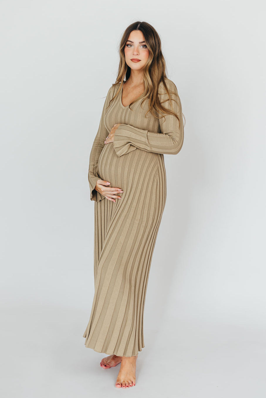 Hadley Long Sleeve V Neck Knit Maxi Dress for Women - Elegant Dune Color, Flowy Boho Style, Comfortable Stretchy Fabric | Perfect for Fall, Winter, Date Night, Office Wear and Special Occasions