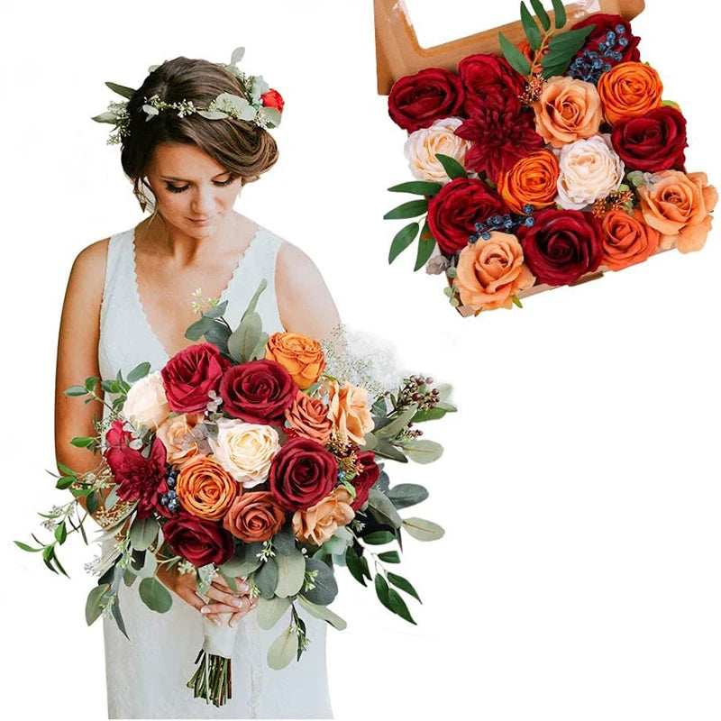 Yannew Burnt Orange Artificial Roses Combo Box - 24pcs Real Touch Silk Flowers for DIY Fall Wedding Bouquets, Boho Home Decor, Table Centerpieces & Seasonal Arrangements