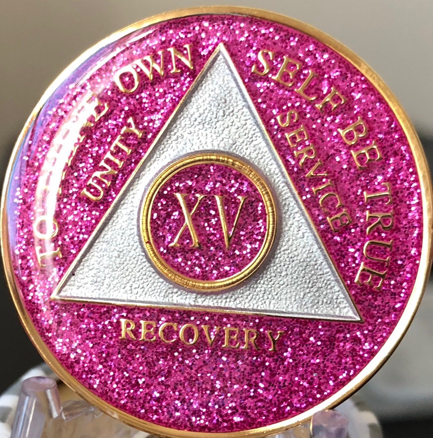 15 Year AA Medallion Glitter Pink Tri-Plate Poker Chip XV - Premium Casino Style Chips for Poker Nights, Home Games & Collectors