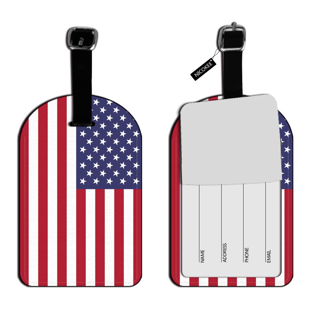Nicokee American Flag Luggage Tag - Patriotic Striped Stars Design in White, Red & Blue Genuine Leather - Durable Travel Bag ID Tags for Suitcases & Backpacks (Perfect for Airports, Cruises & Business Trips)