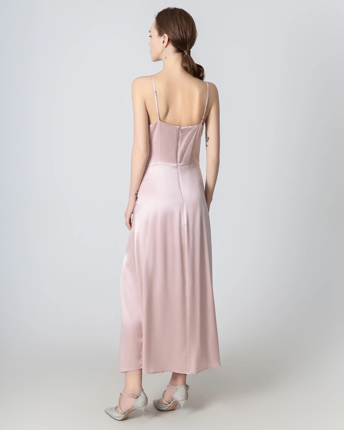 Elegant V-Neck Pleated Slit Maxi Silk Dress for Women - Perfect for Weddings, Parties & Evening Events