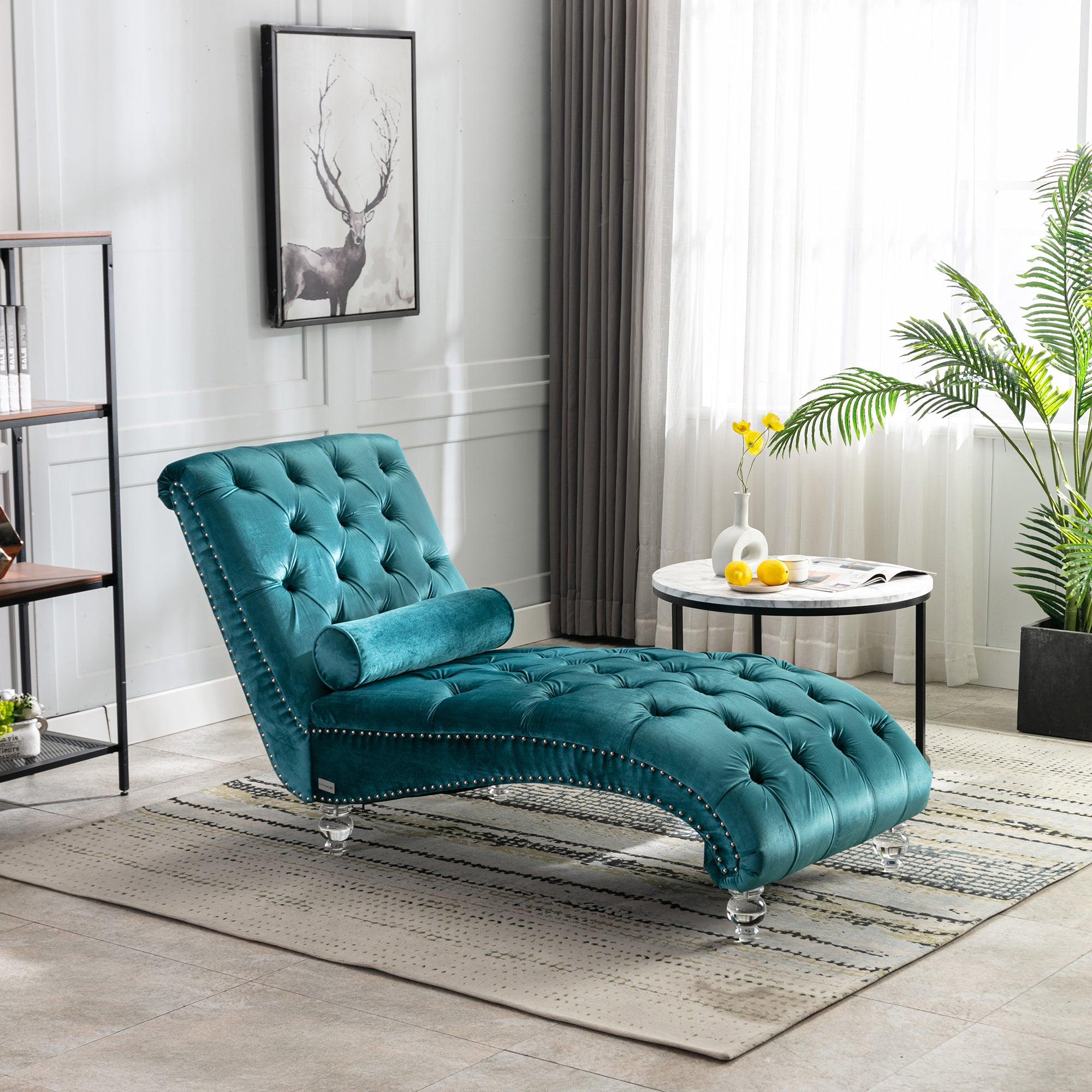 Luxury COOMORE Velvet Chaise Lounge Chair - Button Tufted Upholstered Sofa with Pillow for Bedroom, Living Room & Office - Teal Velvet - Perfect for Reading Nook, Lounge Area & Home Decor