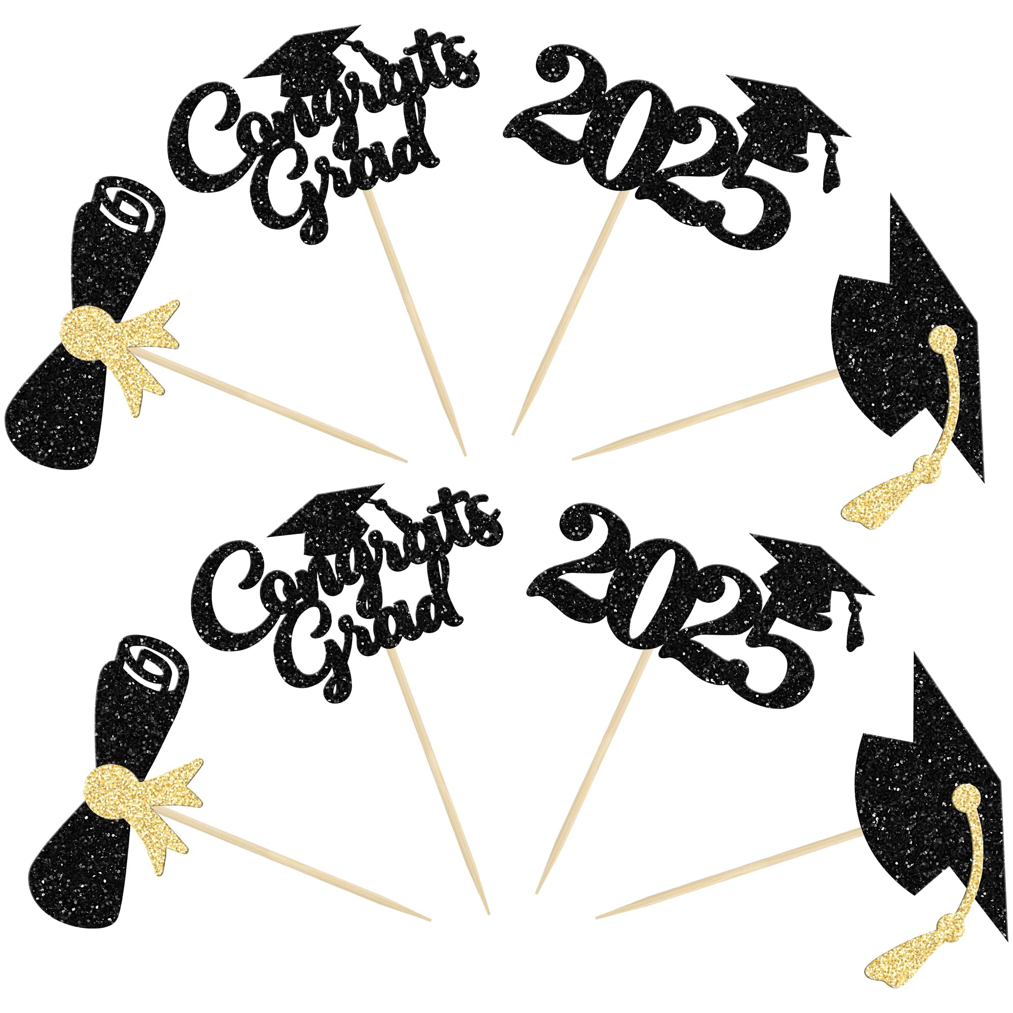 24Pcs Class of 2025 Graduation Cupcake Toppers - Gold Glitter Graduation Cap & Diploma Cake Decorations for 2025 Graduation Party, Birthday, School Celebrations