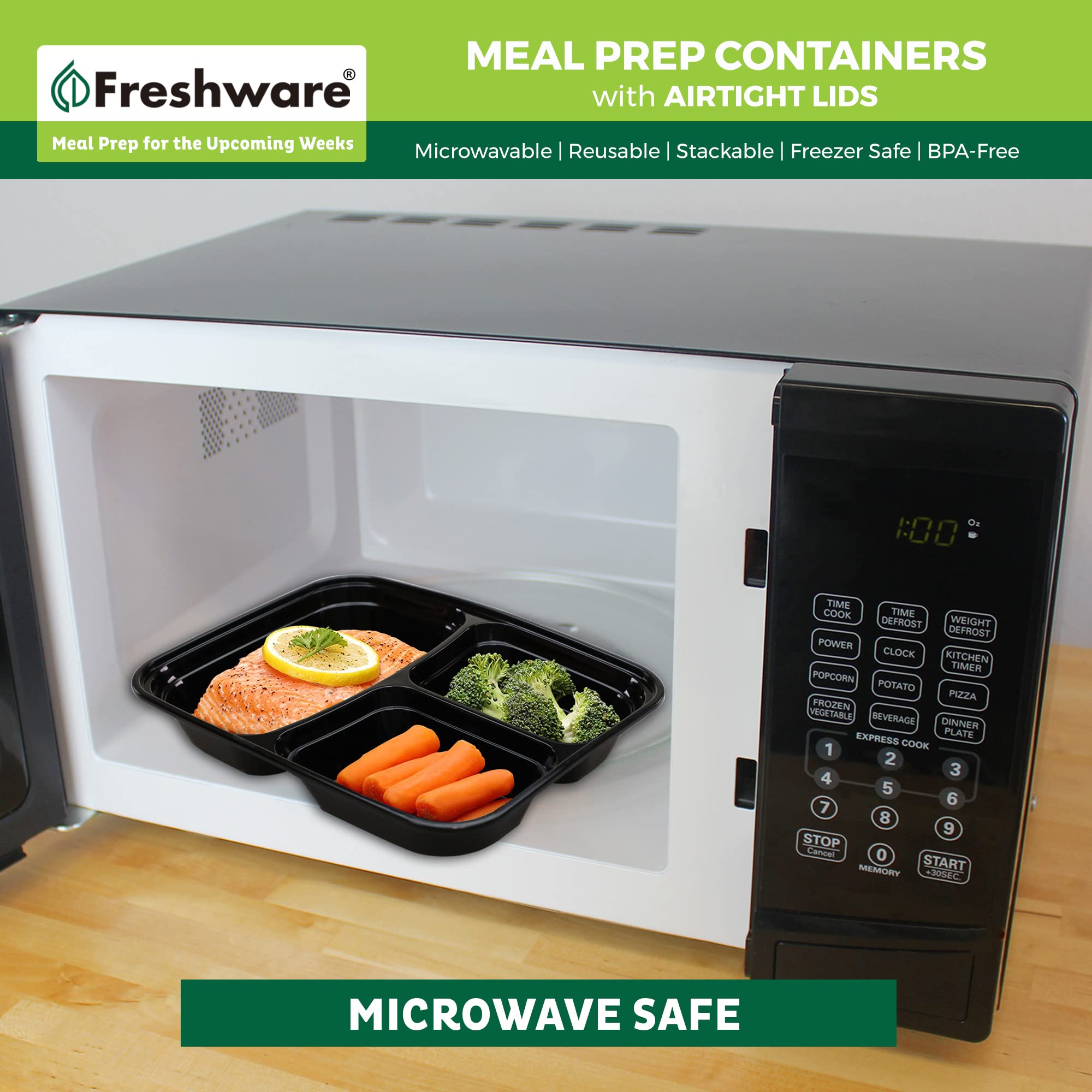 Freshware 25-Pack Meal Prep Containers with Lids - 3 Compartment Bento Box Food Storage Containers, Stackable, Microwave & Dishwasher Safe (32 oz) - Perfect for Meal Prepping, Lunches, Leftovers & Office/School Meals