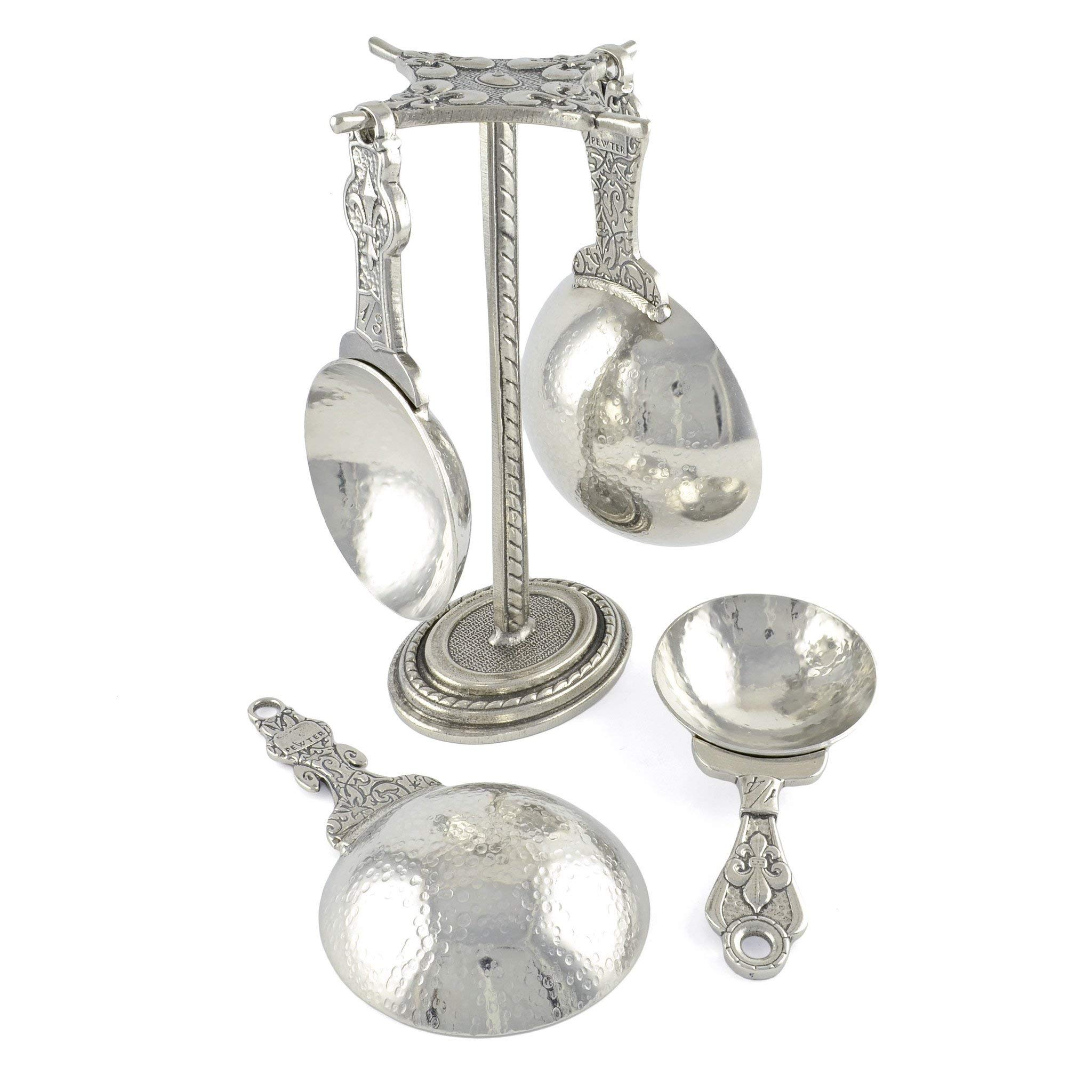 Crosby & Taylor Fleur de LYS Pewter Measuring Cups Set - 4-Piece Stainless Steel Kitchen Measuring Cups with Display Stand | Perfect for Baking, Cooking & Kitchen Decor