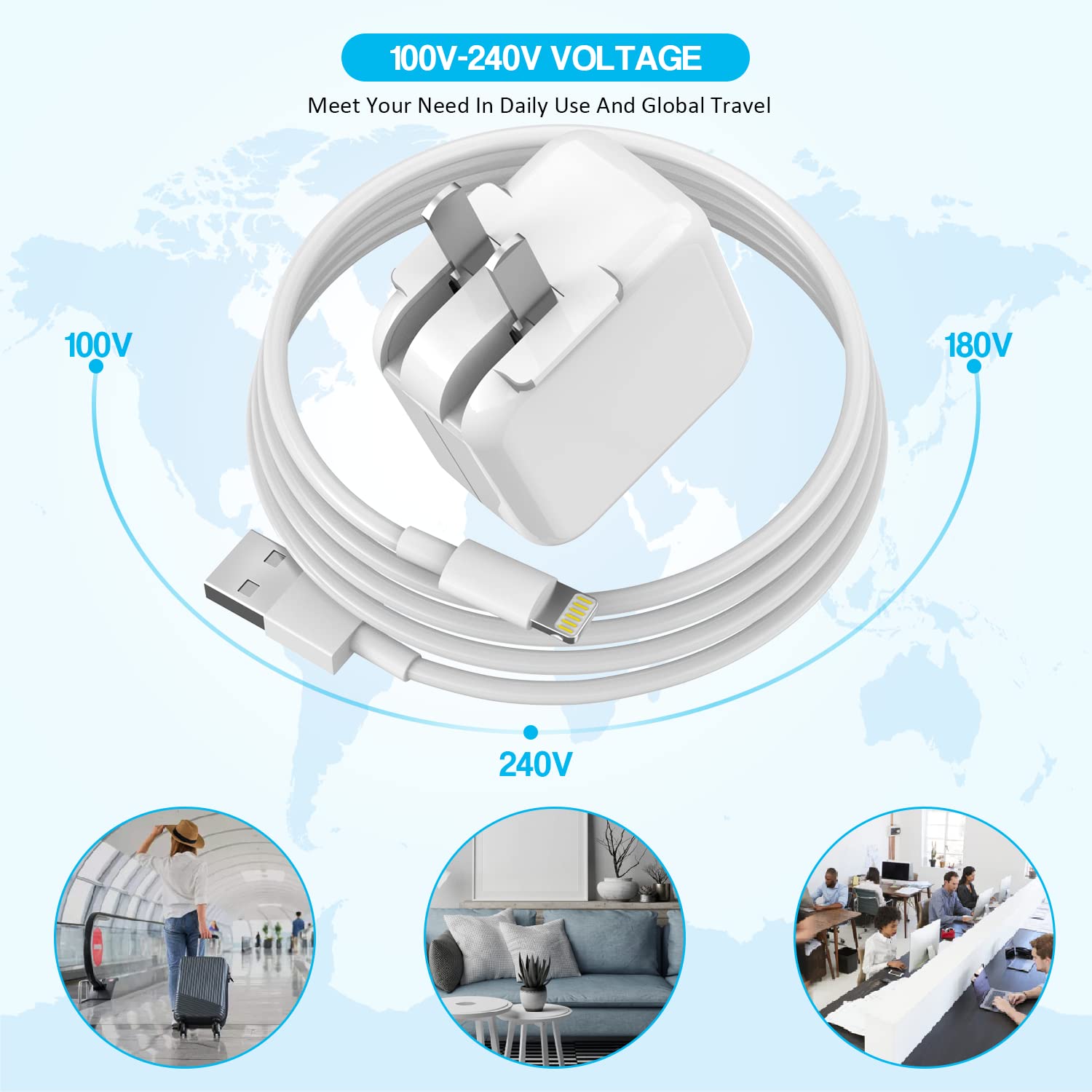 Apple MFI Certified 10FT Long Lightning Cable - Fast Charging USB Wall Charger with Foldable Plug for iPad 7/8/9, iPad Air, iPad Mini, iPad Pro & iPhone | Perfect for Home, Office & Travel Use