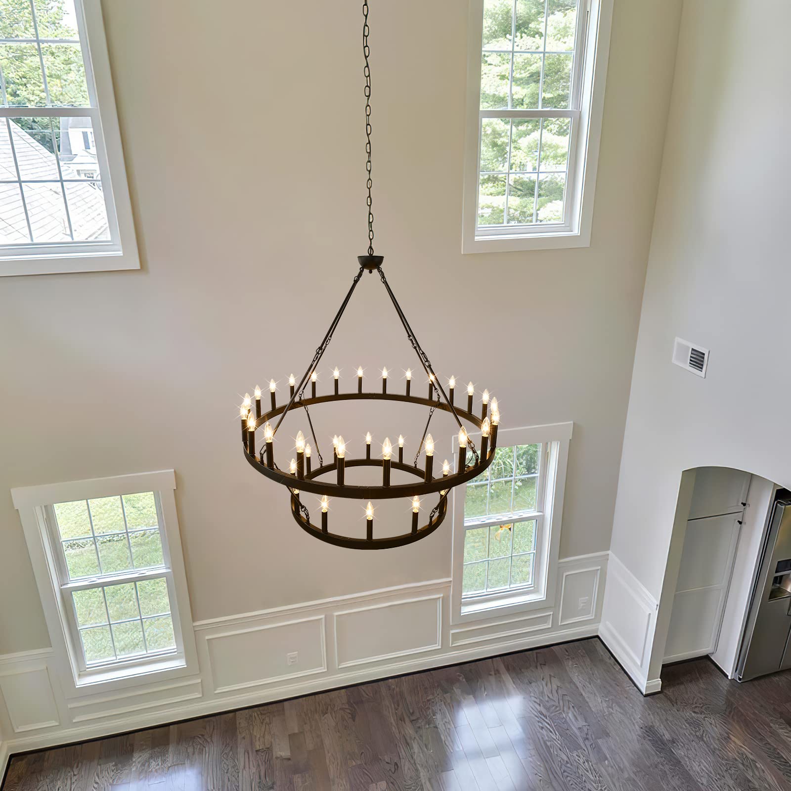 Extra Large 48-Inch Black Rustic Wagon Wheel Chandelier - 36-Light Farmhouse Pendant Light Fixture for High Ceilings | Perfect for Dining Room, Living Room, Kitchen Island, Foyer & Entryway | Creates Cozy Ambiance for Farmhouse, Rustic & Industrial Decor Styles