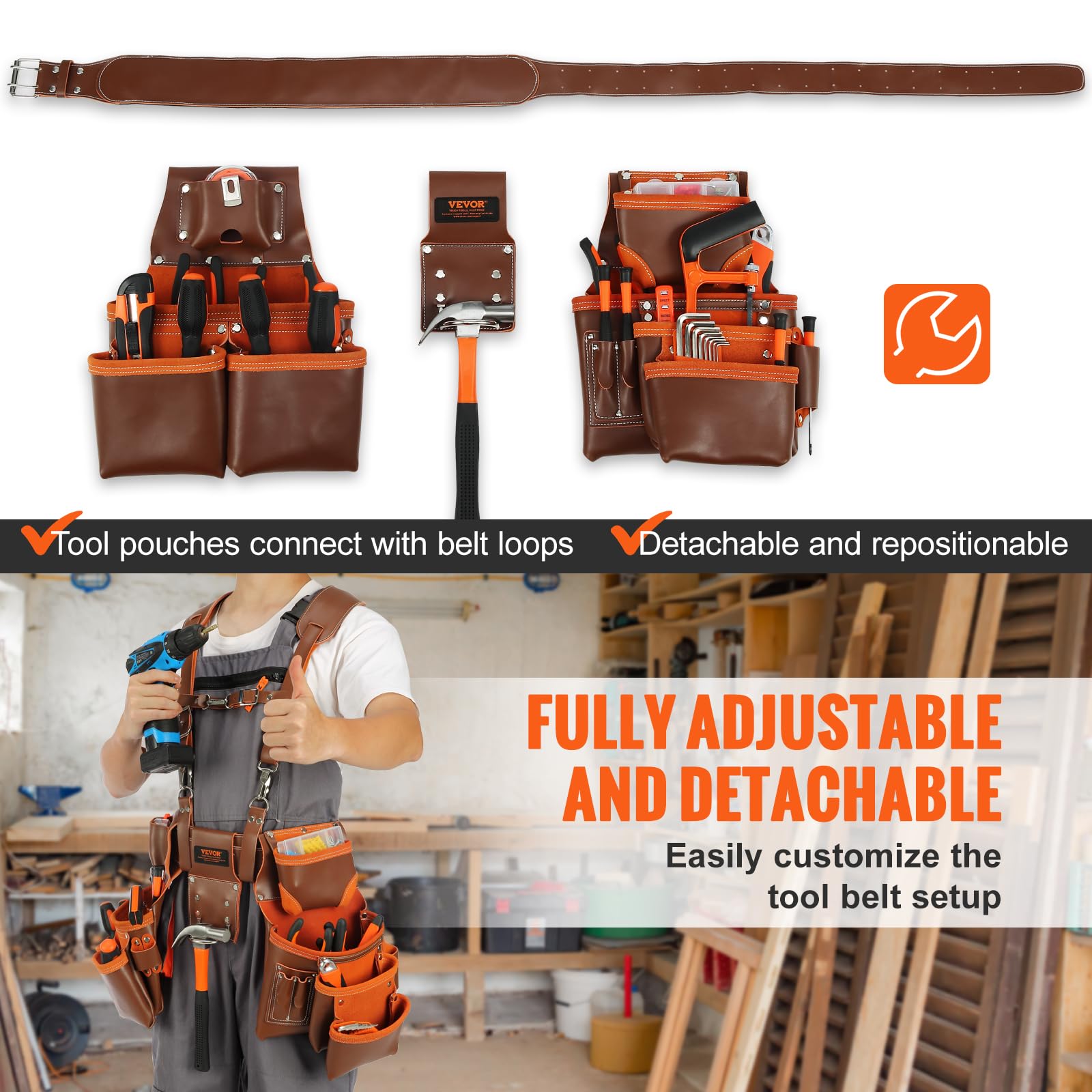 VEVOR Heavy Duty Leather Tool Belt with Suspenders - 19 Pockets Adjustable Waist 29-54 inches - Professional Carpenter Electrician Gardening Work Belt - Perfect for Construction, Woodworking & Outdoor Projects (Brown)