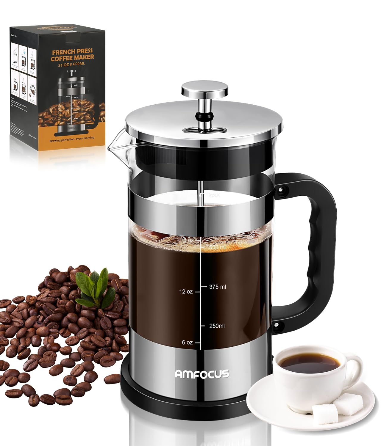 Premium French Press Coffee Maker - 21OZ Borosilicate Glass Coffee Pot with 4-Level Filtration System | Heat-Resistant & Portable for Home, Office, Travel | Ideal for Hot & Cold Brew Coffee (Silver) | Perfect Gift for Coffee Lovers