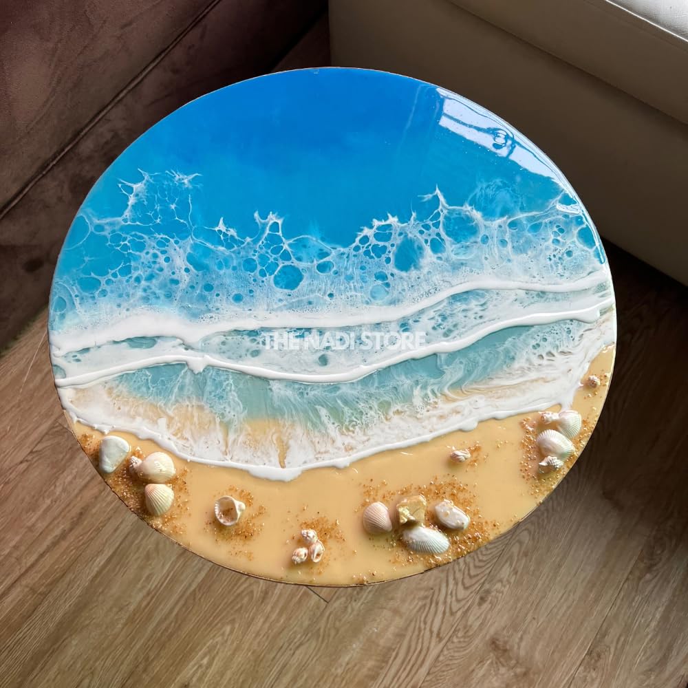Epoxy Resin Coffee Table - 30 Inch Blue Ocean Themed End Table with Metal Legs for Beach House, Living Room, or Bedroom Nightstand - Perfect for Coastal Decor & Home Styling
