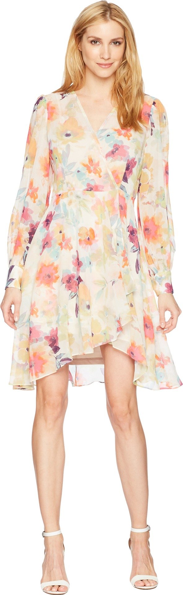 Calvin Klein Women's Long Sleeve V-Neck Chiffon Faux Wrap Dress - Elegant Office Wear & Cocktail Party Outfit