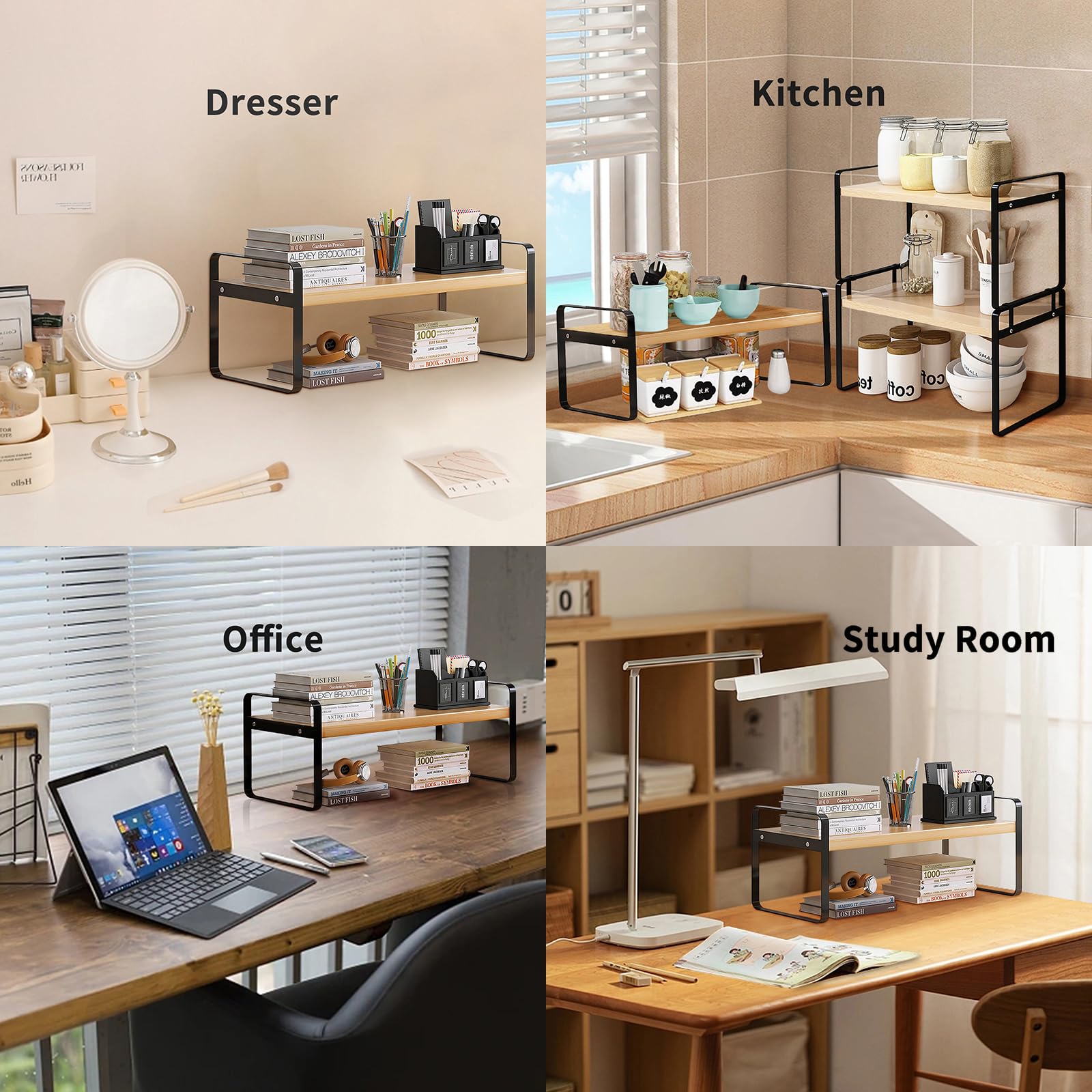 2-Tier Wooden Desktop Organizer Shelf - Black Frame Storage Shelf for Office, Kitchen, Bedroom & Bathroom | Space-Saving Bookshelf & Display Organizer for Home & Workspace Decor