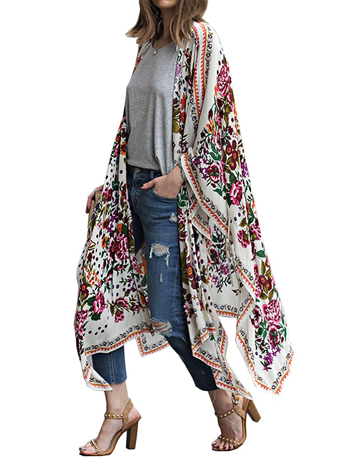 MayBuy Women's Summer Long Flowy Kimono Cardigan - Boho Chiffon Beach Cover Up Tops for Vacation, Pool Party & Outdoor Wear