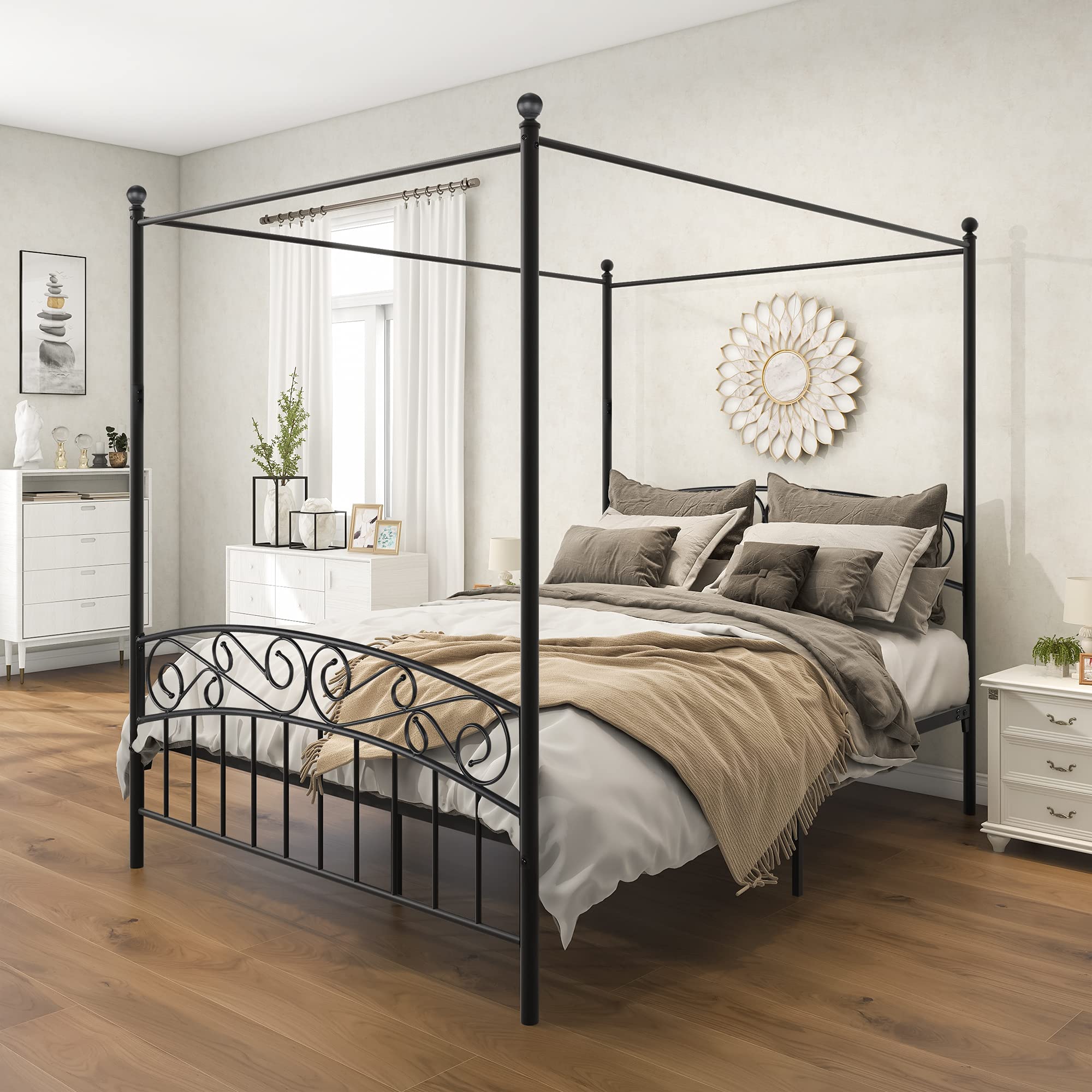 Vintage Style 4-Post Metal Canopy Bed Frame Queen Size - Noise Free Platform Bed with No Box Spring Needed - Black - Perfect for Bedroom Decor, Guest Rooms & Cozy Sleeping Spaces