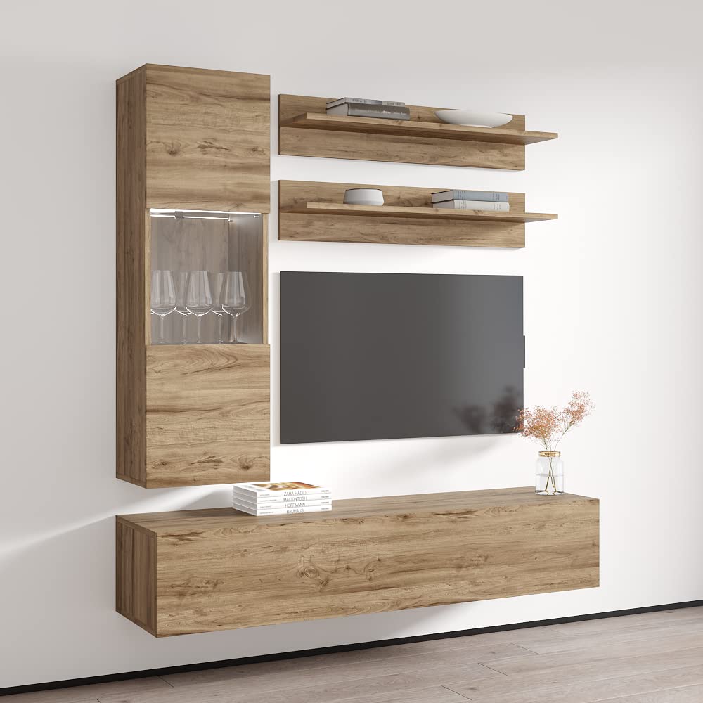 Modern Oak Floating TV Stand with Storage & LED Lights - Wall-Mounted Entertainment Center for Bedroom & Living Room - H3 30TV Console with Shelves - Perfect for Small Spaces & Home Theater Setup