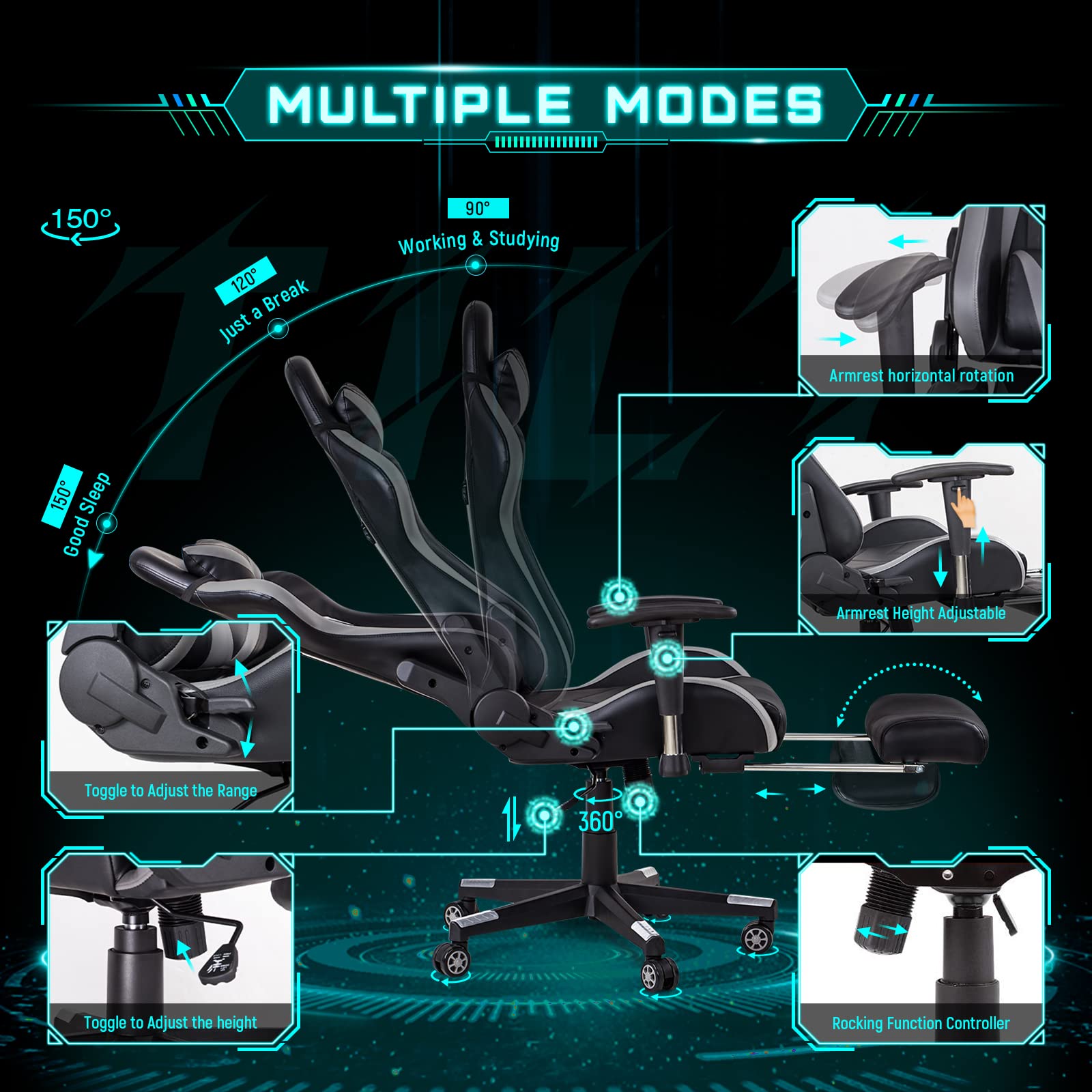 Ergonomic Gaming Chair with High Back, Adjustable Lumbar Support & Footrest - Comfortable Computer Racing Office Chair for PC & Console Gamers (Grey) - Perfect for Esports, Streaming & Long Work Sessions