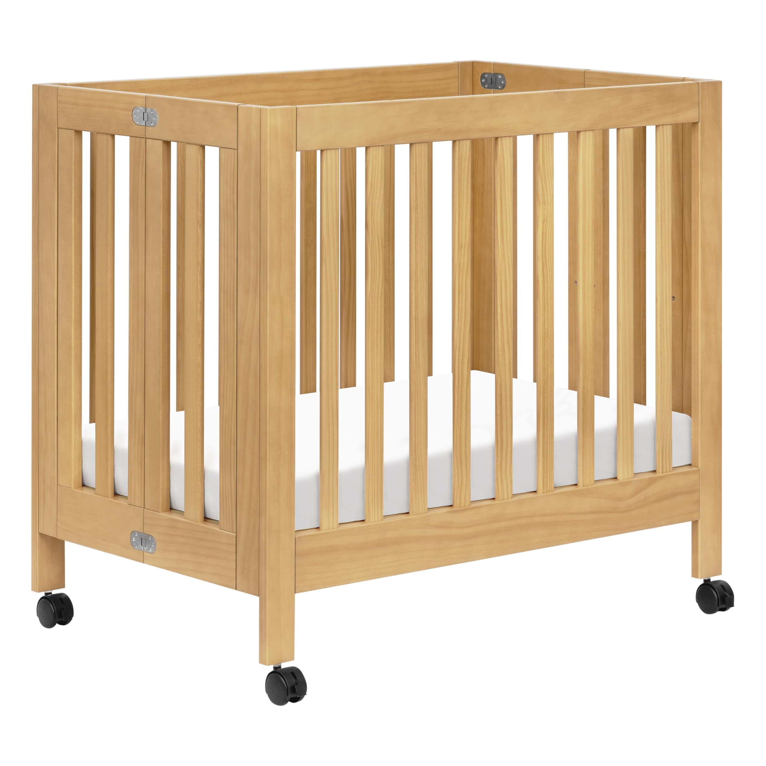 Babyletto Origami Mini Portable Crib with Wheels - Honey Color, 2 Adjustable Mattress Heights, Greenguard Gold Certified | Compact Folding Travel Crib for Nursery, Bedroom & On-the-Go Parents